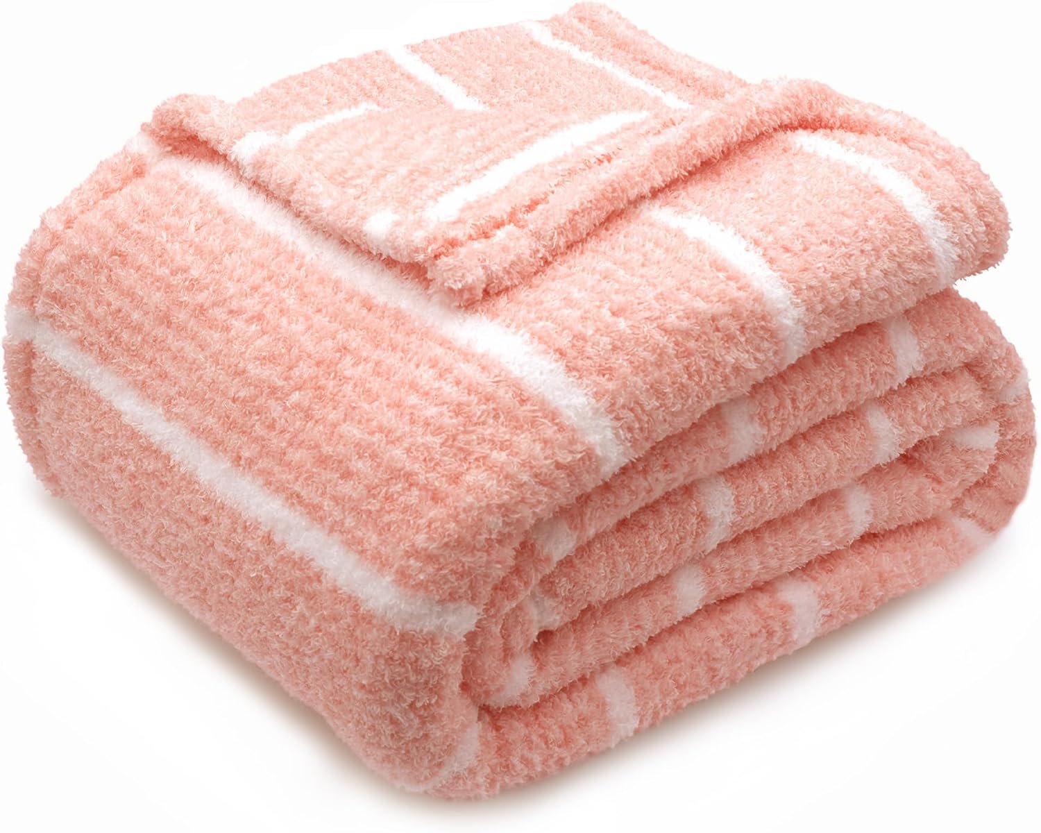 DEZ FURNISHINGS Oversized Cozy Knit Look Cloud-Soft Plush Printed Fleece Throw Blanket, Lightweight & Breathable, Queen (90" x 90"), Peach Pink Stripe