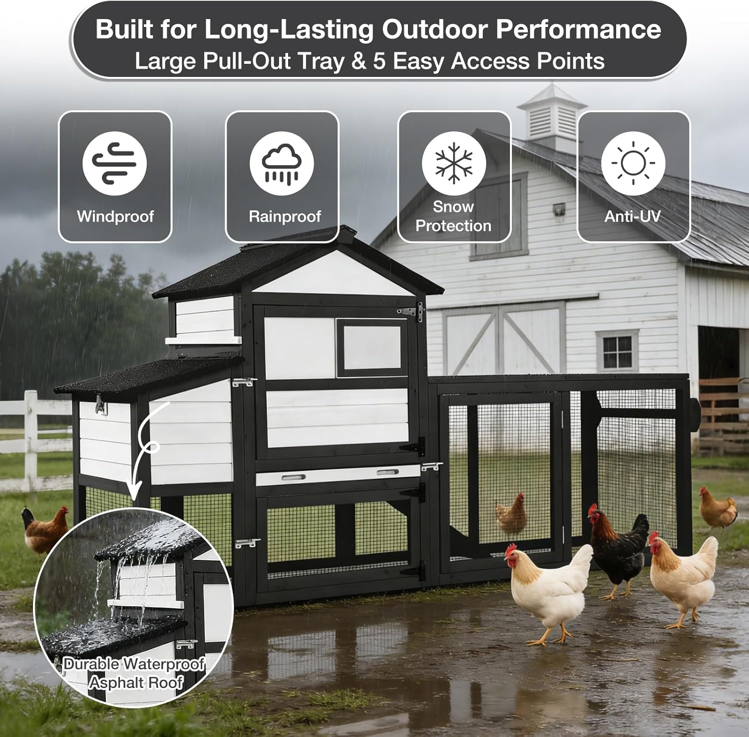 Large Chicken Coop with Run for 4-6 Chickens, Mobile Chicken Coop with Wheels & Handle, Outdoor Wooden Hen House with Nesting Box, Waterproof Roof, Easy Clean Poultry Cage-Black