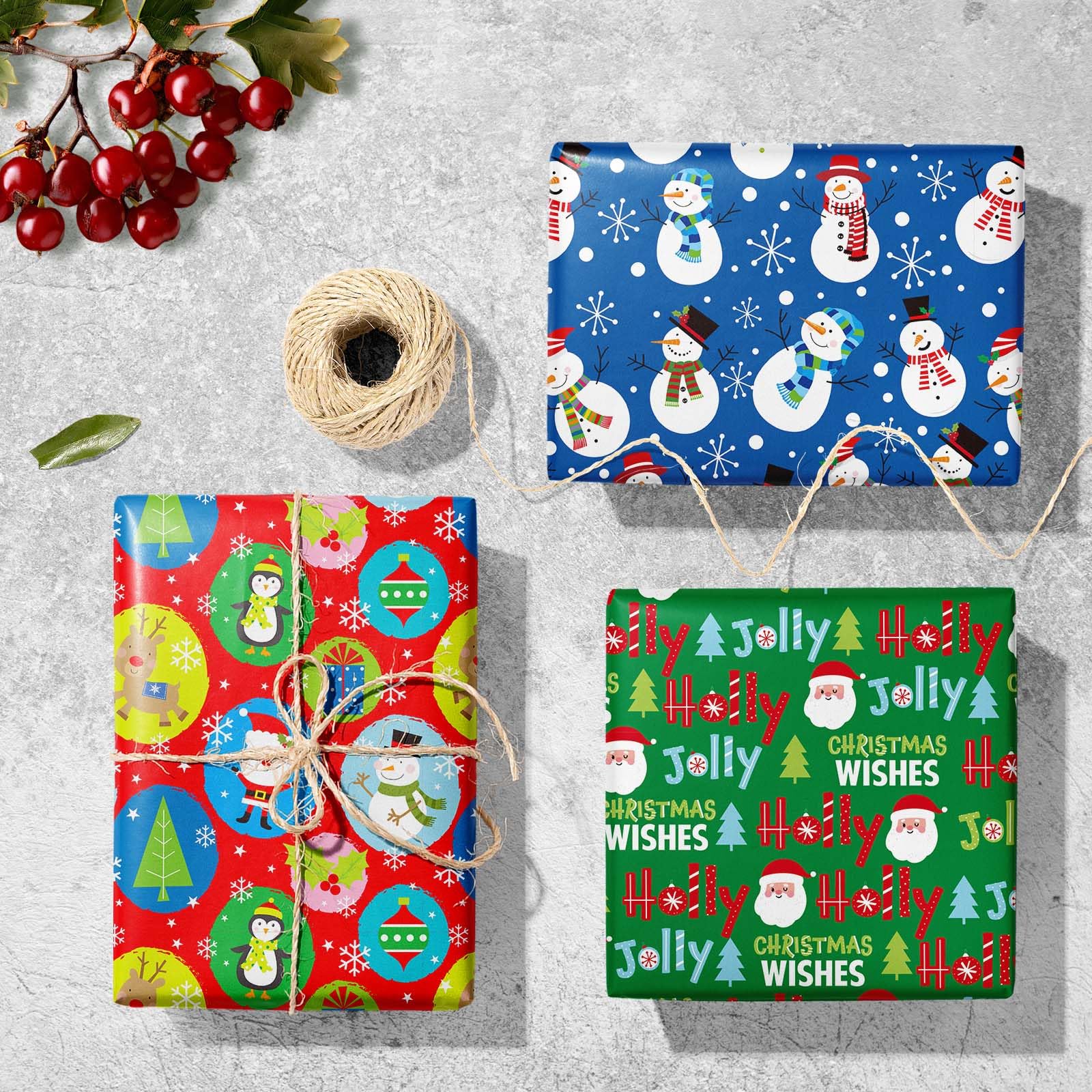 Yarcony Divertido paquete de 3 papeles de regalo de Navidad, 17 pulgadas x 10 pies por rollo, vibrante Papá Noel, muñeco de nieve, pingüino, papel de regalo surtido de invierno para Navidad