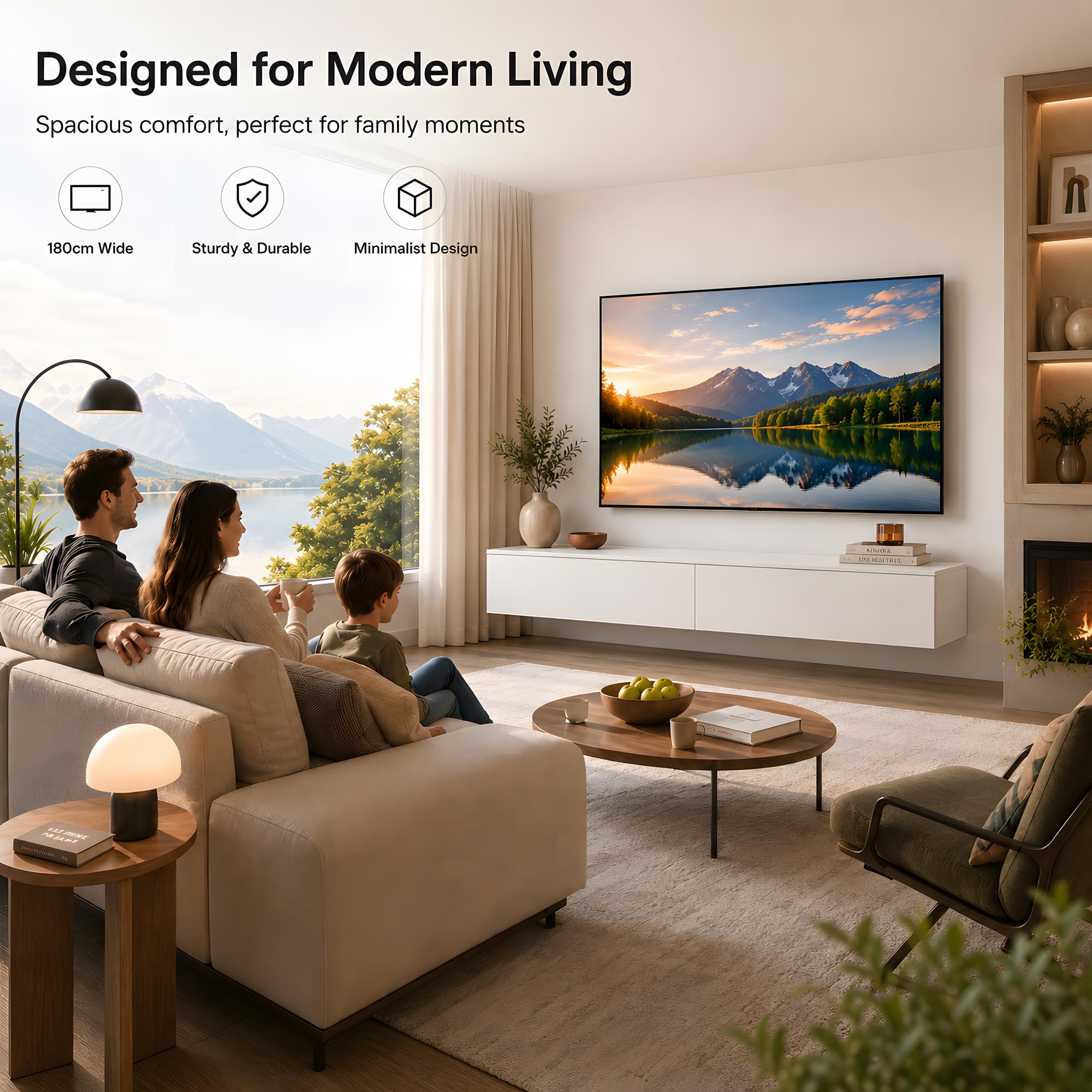 Mueble TV LED RGB 180 cm Blanco, suspendido o con Patas | Mueble TV LED RGB 180 cm con mando, 2 puertas abatibles, almacenaje cerrado y montaje en pared o con patas