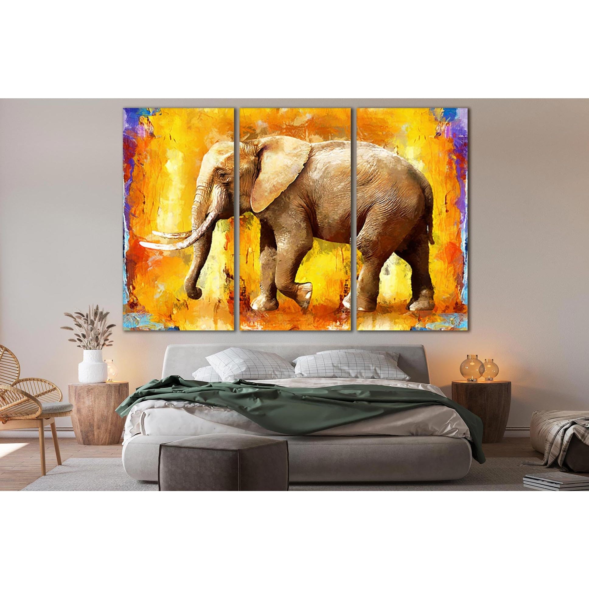 Pintura al óleo de elefante en 3 paneles ZELLART lienzo decorativo 115x75 cm listo para colgar 3