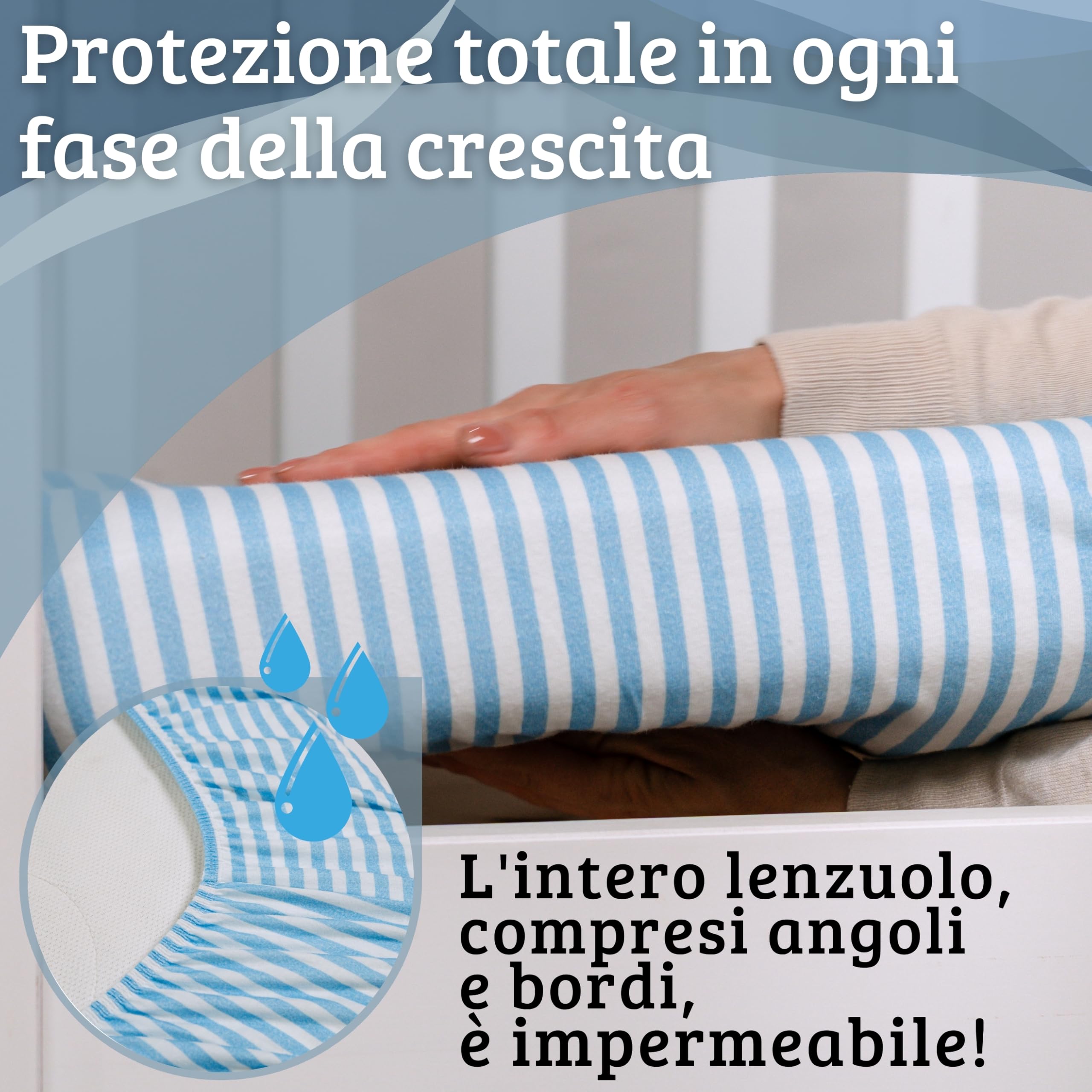 Bisoo Lenzuolo Magico 80x130 1 Leoni + 1 Righe Blu Lenzuolo con Angoli | 2 in 1, Risparmia il Coprimaterasso, Impermeabile, Traspirante, Morbido Cotone Jersey Oeko-Tex