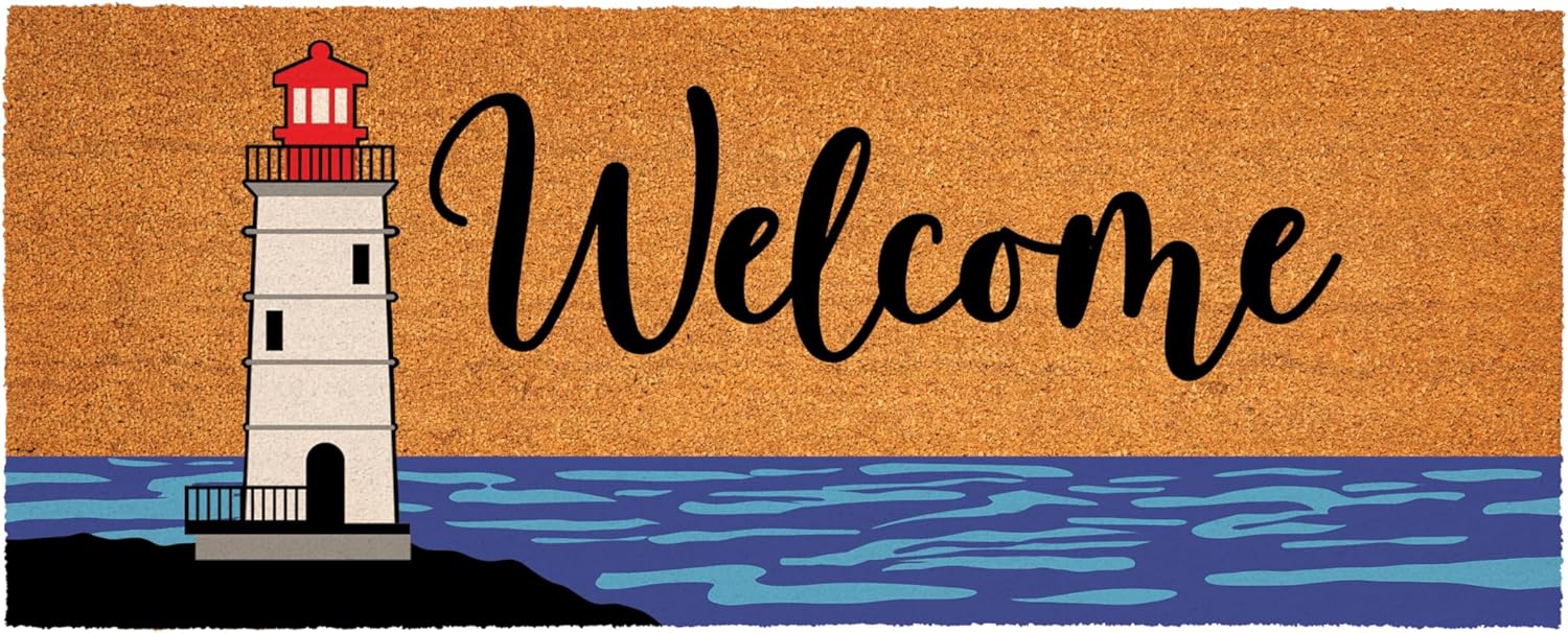 Evergreen Lighthouse Coir Doormat, 2'x5' Welcome Mats for Double Doors, Outdoor Indoor Entrance Rug, Non-Slip Front Door Mat for Beach House Porch Patio (Welcome Red Lighthouse, 60"x24")