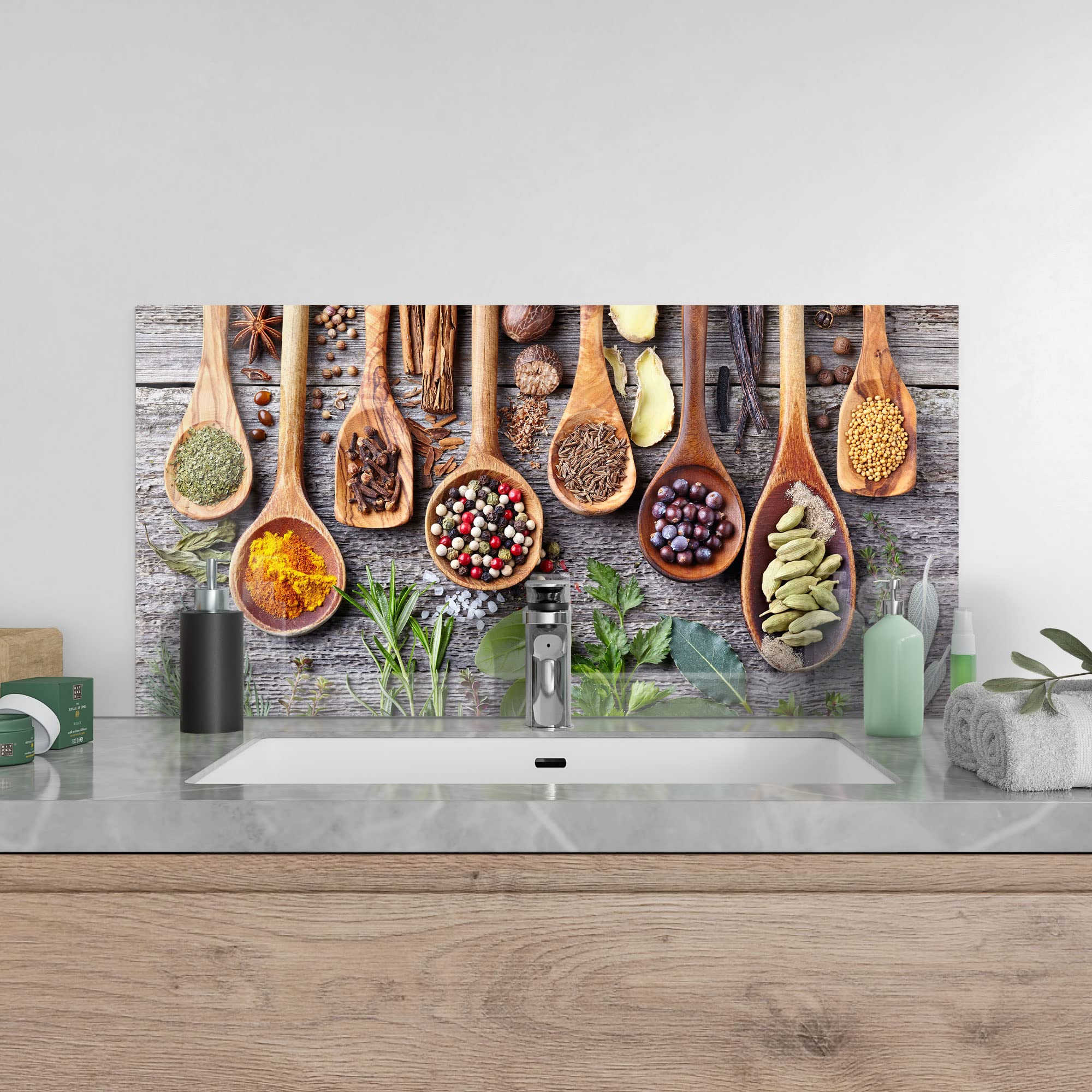 DEQORI Tylna ścianka kuchenna, ze szkła, z motywem, dekoracyjna łyżka kuchenna, 100 x 50 cm, tylna ścianka do łazienki lub kuchenki, osłona przed pryskaniem, do kuchni i łazienki, nowoczesna dekoracja na kafelki