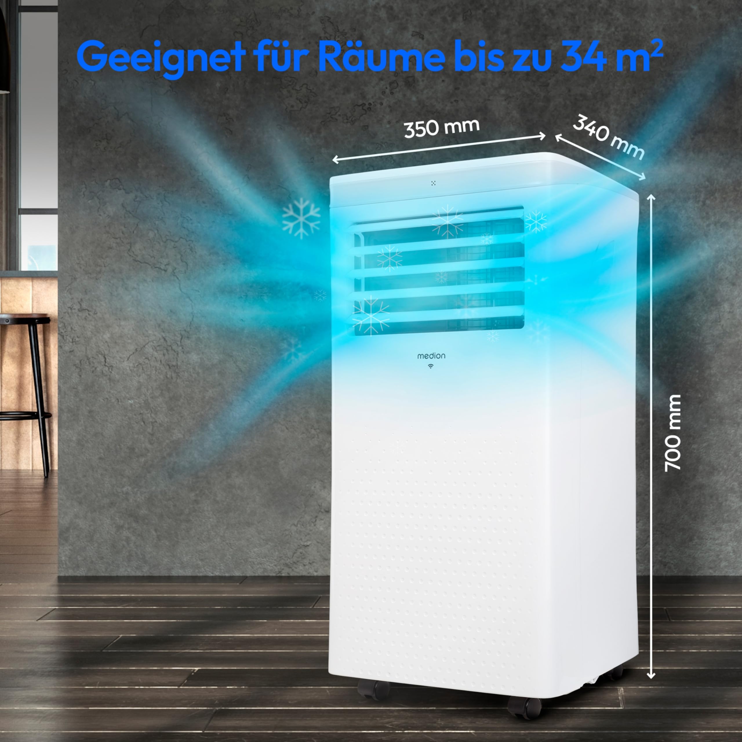 MEDION Smarte Mobile Klimaanlage mit Abluftschlauch P1002 (10000 BTU, mobil, inkl. Fensterabdichtung, bis 34m², 3in1 Kühlen Entfeuchten Ventilieren, App- und Sprachsteuerung, Schlafmodus, MD 37733)