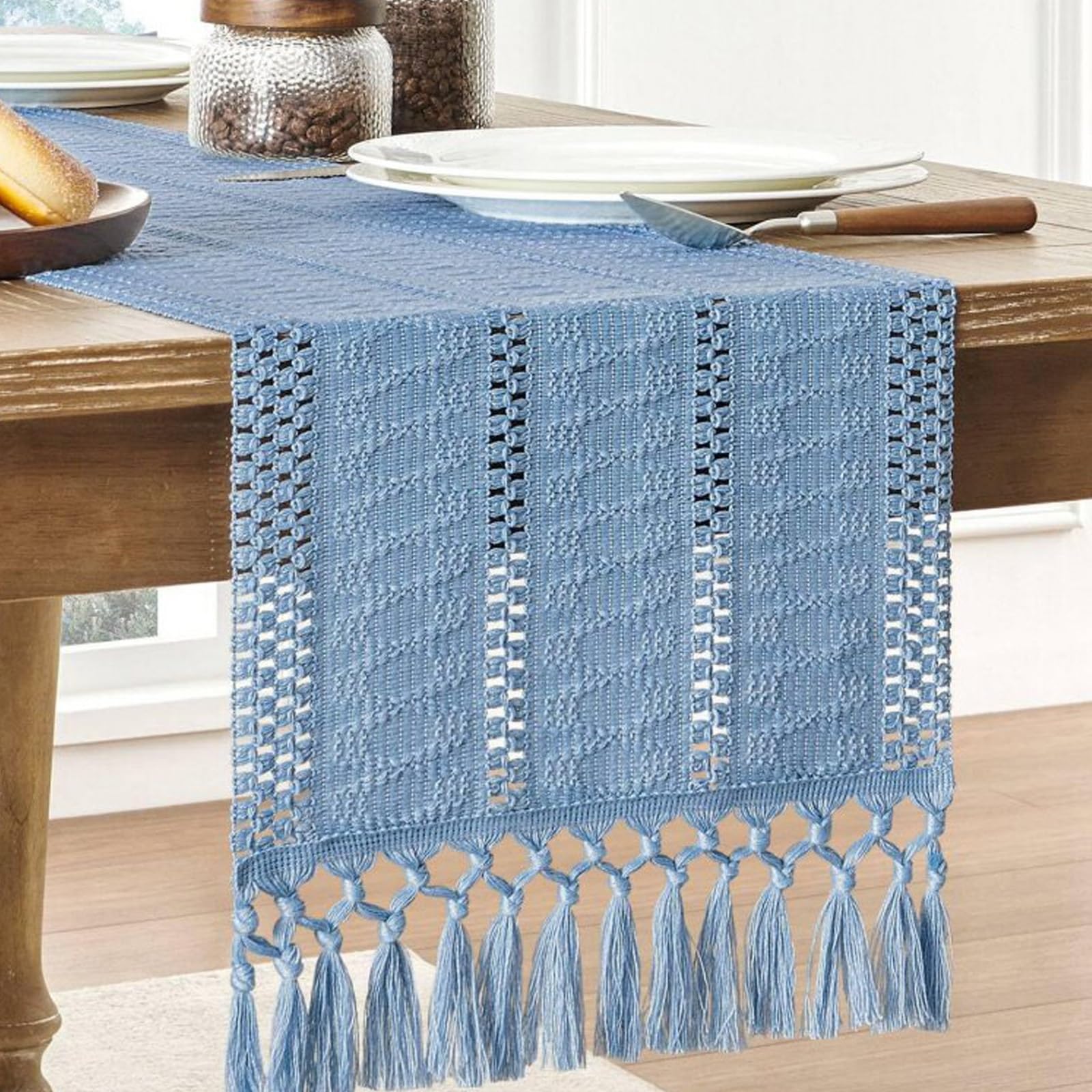 Handmade Knotted Tassel Cotton Linen Table Runner, Hollow Woven Farmhouse Decorative Long Table Runner, for Dining Table, TV Stand, Coffee Table(Blue,140cm/55.1in)