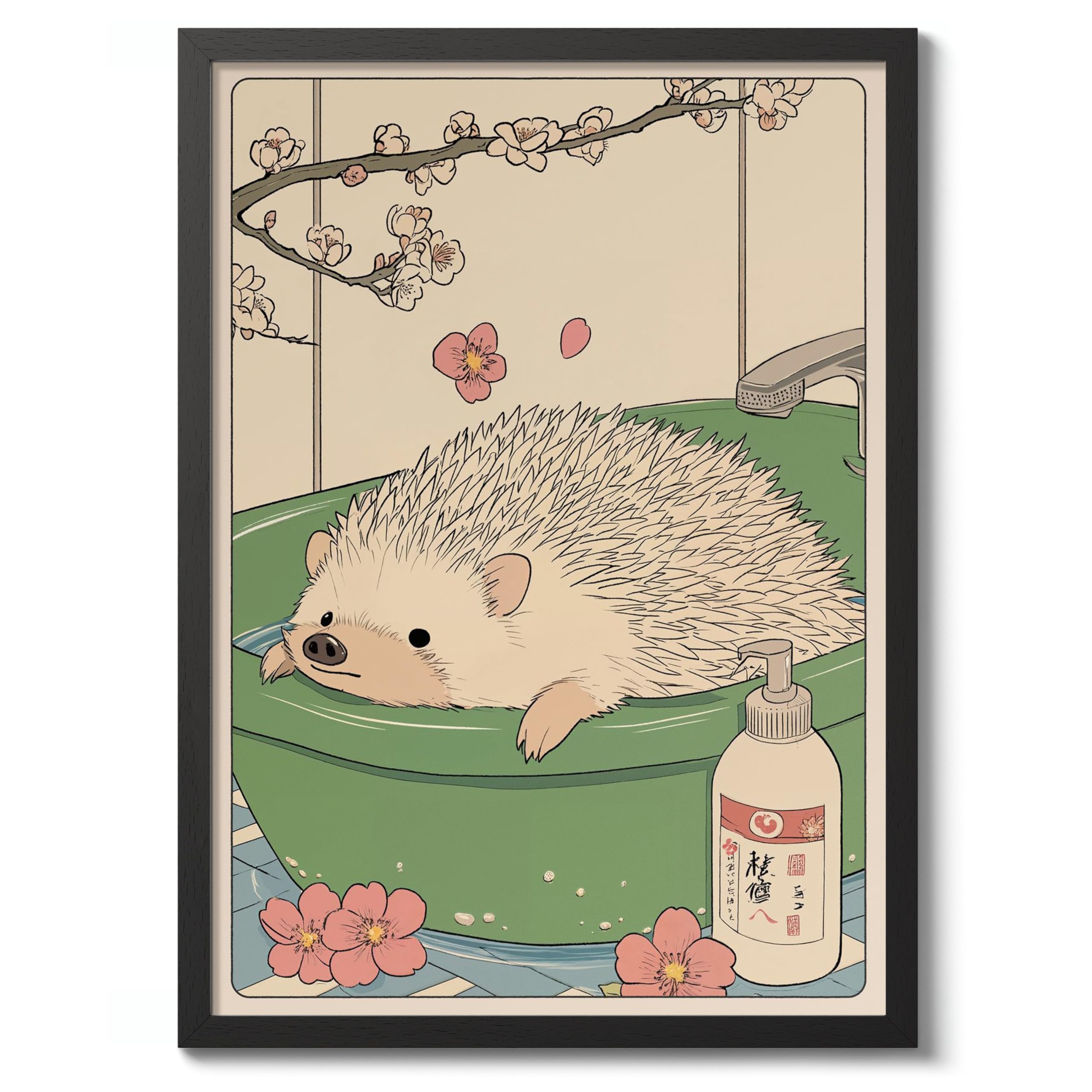Hedgehog Bathtime Anime Animal Poster, Funny Bathroom Wall Art Print, Manga, Bathroom Wall Art, Toilet Decor, A2 (Black Frame) - 62.5x45.1cm
