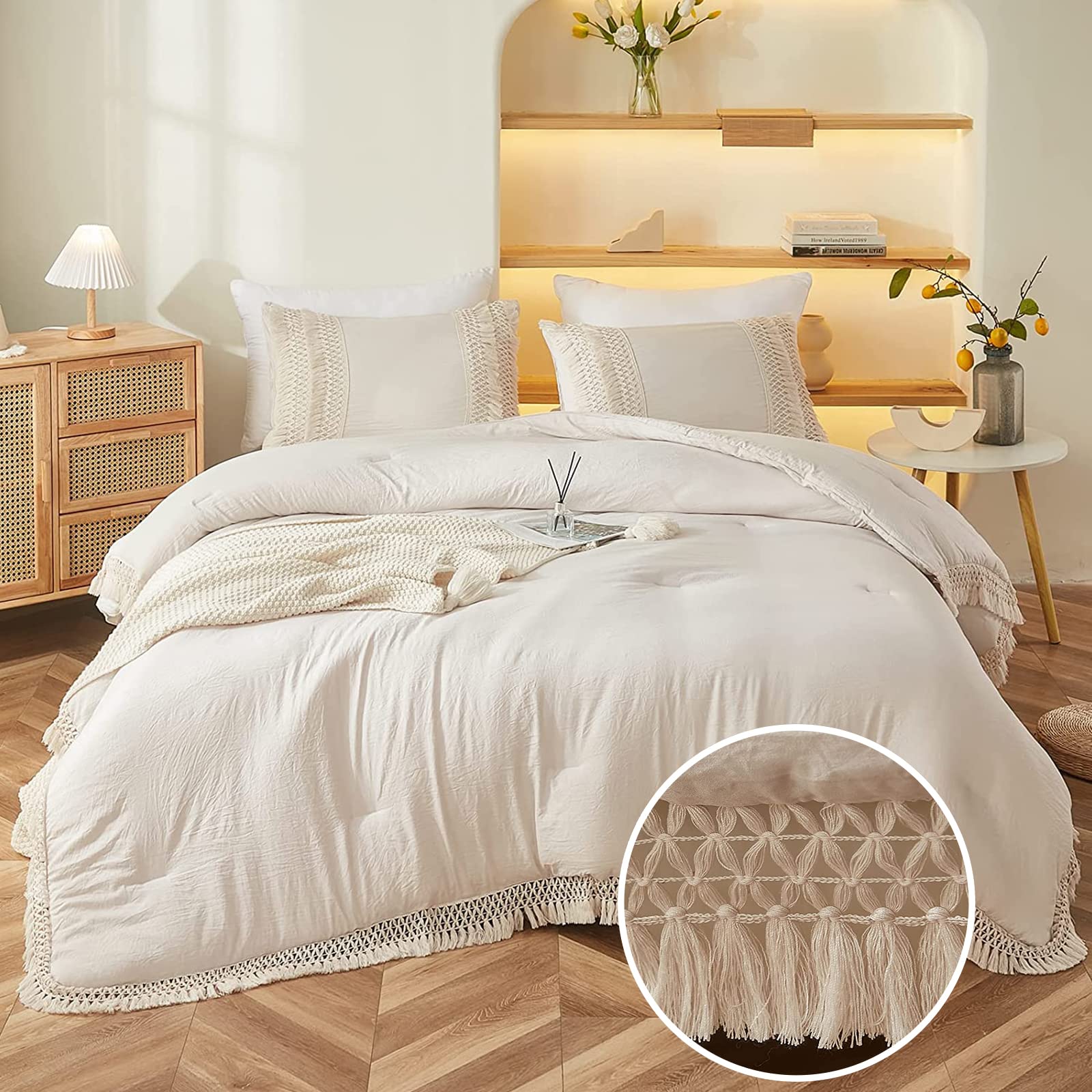 Beige Comforter Bedding Set Boho Comforter Twin Size Beige Cream Grid Lattice Tassel Design Chic Bohemian Style Rustic Farmhouse Bedding Set 1 Comforter 1 Pillowcase(Twin, Beige)