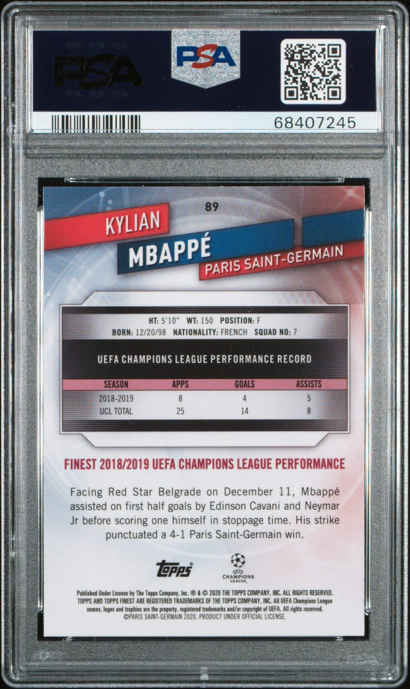 Amazon.com: Graded 2019 Topps Finest UCL Kylian Mbappe #89 Soccer