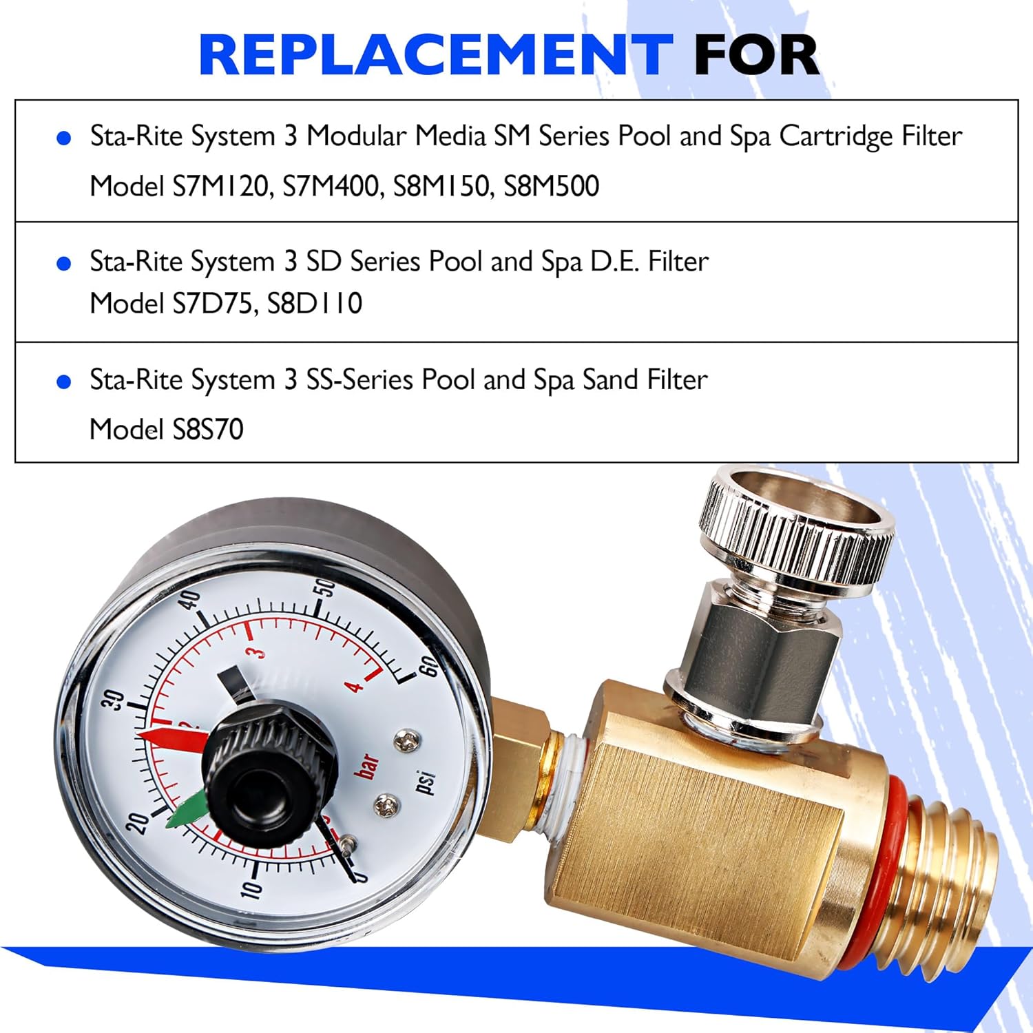 24850-0105 Brass Air Relief Valve and Pressure Gauge Assembly Fit for Sta-Rite System 3 Pool & Spa Cartridge Filters - Durable Brass Valve & Dial Gauge for SM, SD, SS Series Models - Easy to Install