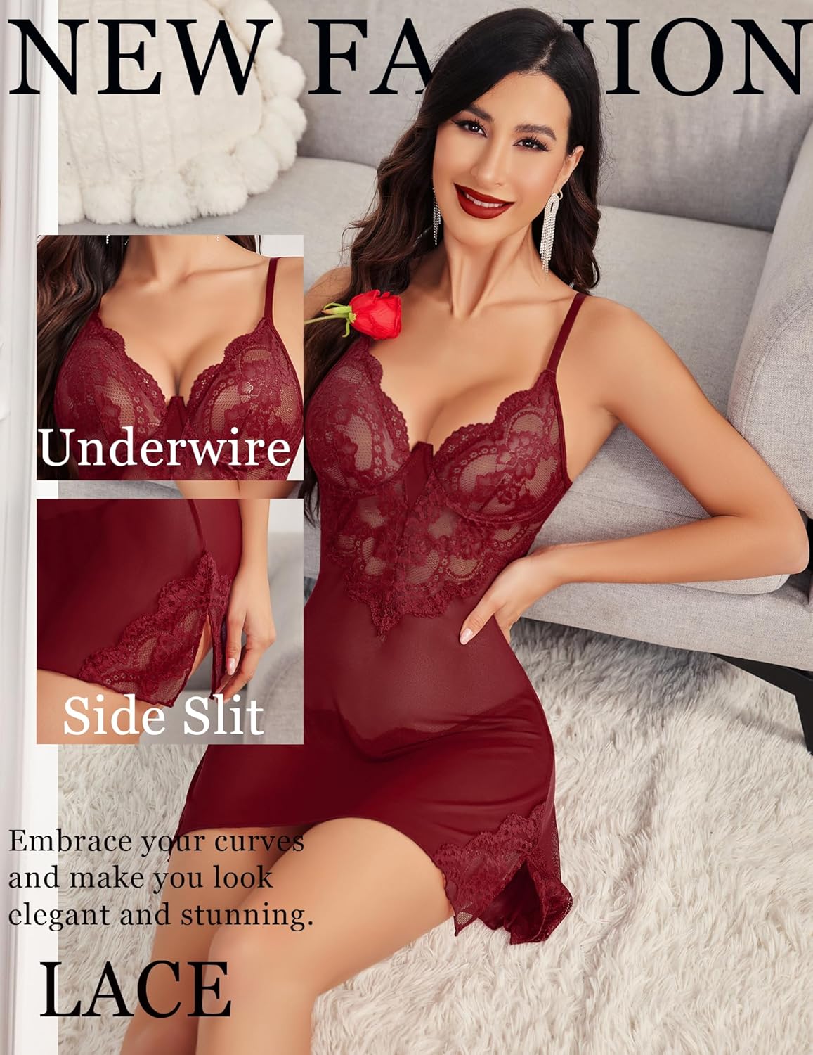 Avidlove Underwire Lingerie for Women Lace Babydoll Chemise Mesh Nightgown V Neck Side Slit Wine Red M - Image 2