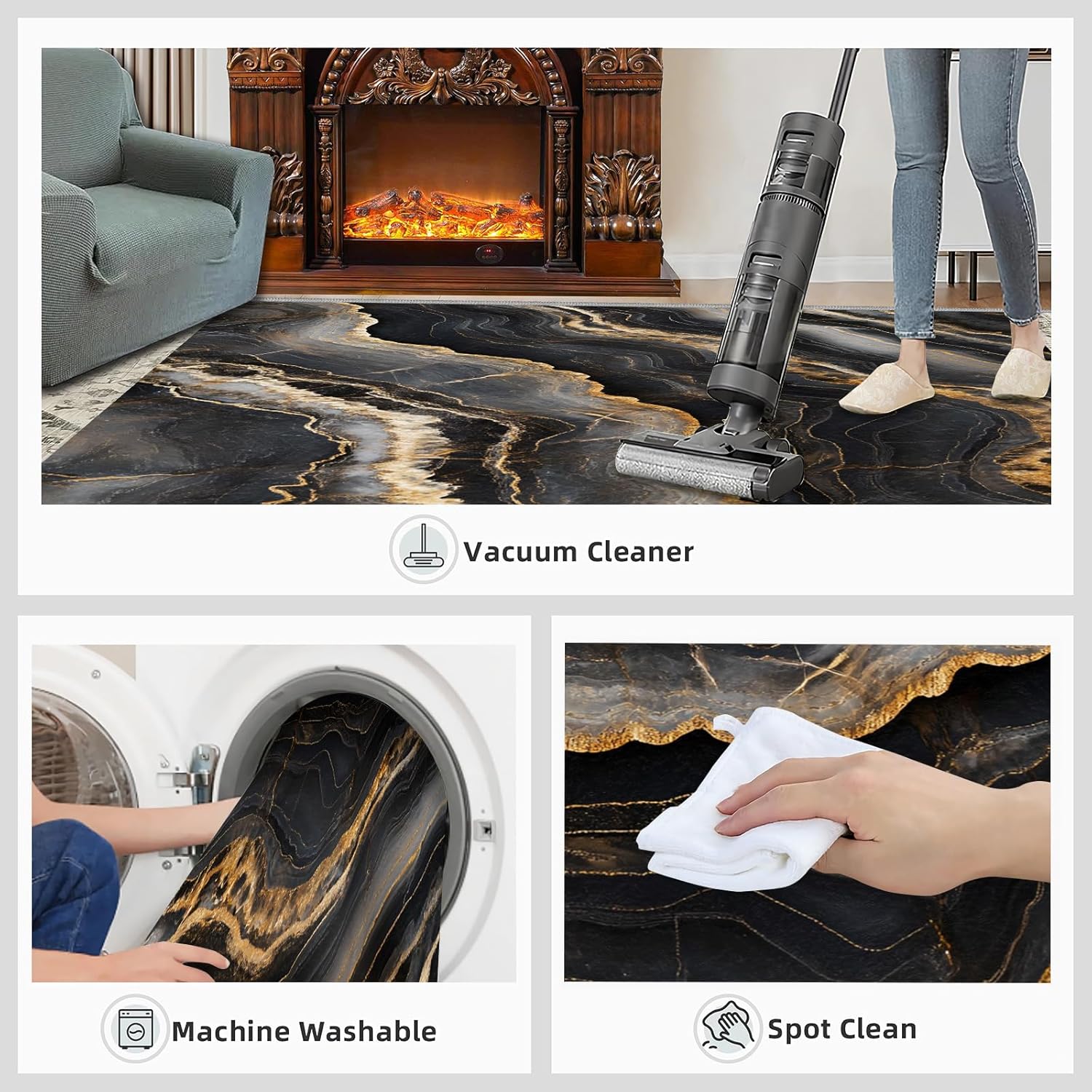Modern Luxury Marble Area Rugs 4x5 - Stone Textured Marbling Rug for Entryway, Abstract Black Gold Marble Washable Entry Way Rugs Kids Carpet for Inside House Playroom Living Room End Table Nursery