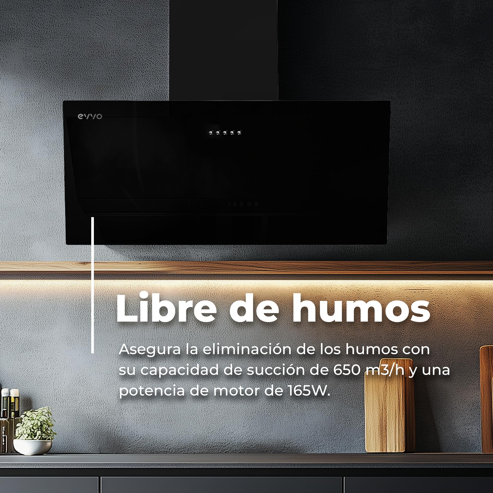 EVVO Campana Extractora 90 cm Decorativa, Potencia 650 m³/h, Filtro de Carbono Activo y de Alumino 5 Capas, 3 Velocidades, 2 luces LED, Eficiencia energética A (CE45 Cristal Black) — view 3