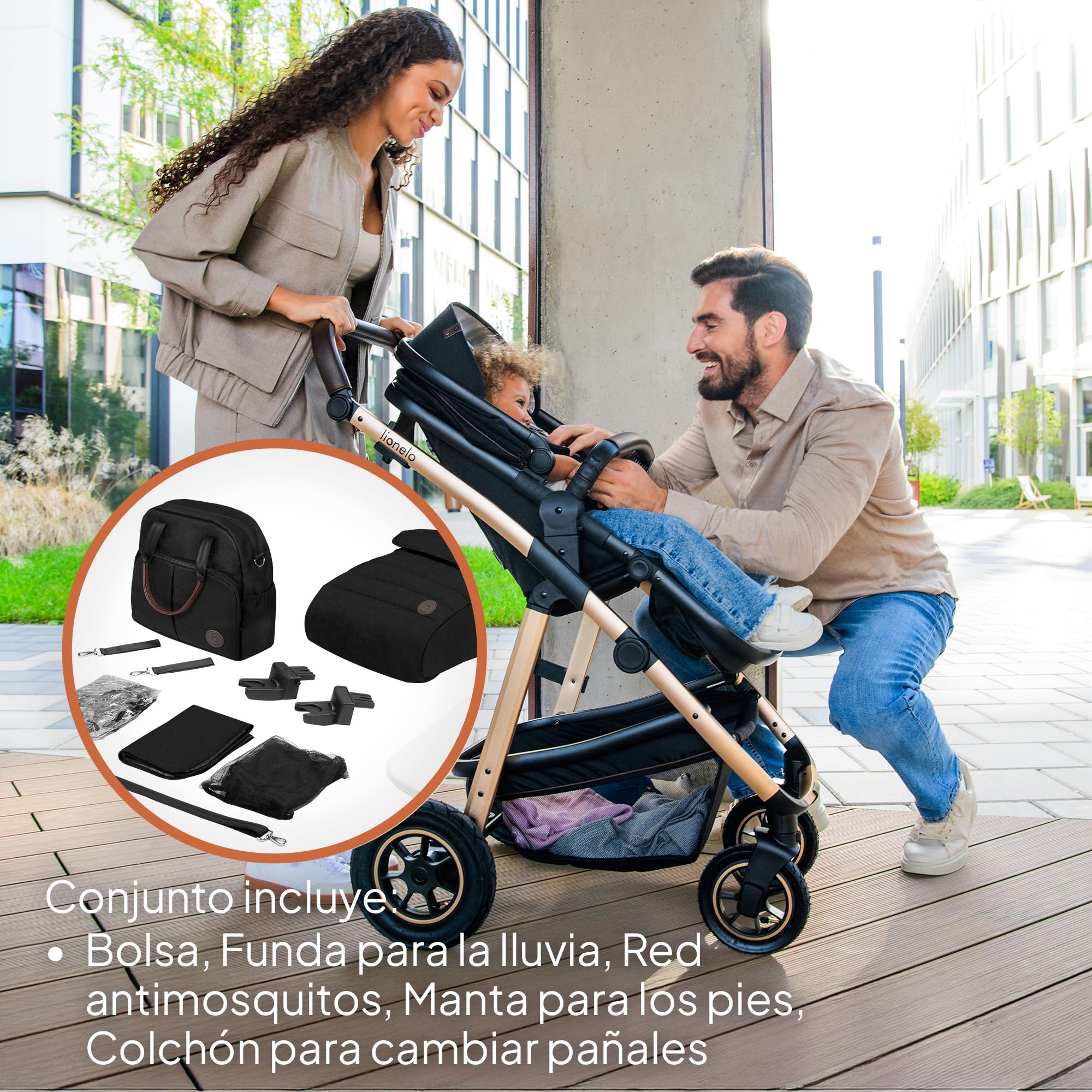 LIONELO Amber Coche de bebé multifuncional 3 en 1 Conjunto silla de paseo con el Asiento de Cubo e Capazo Manillar regulable Bolsa Mosquitero Protector de lluvia Asiento de coche