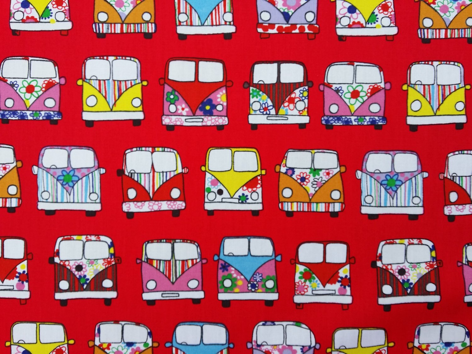 PRESTIGE FABRICS CP0200 camper vans print cotton fabric Rose and Hubble crafts quilting, patchwork bunting party sewing fabric - by the Metre (Red)