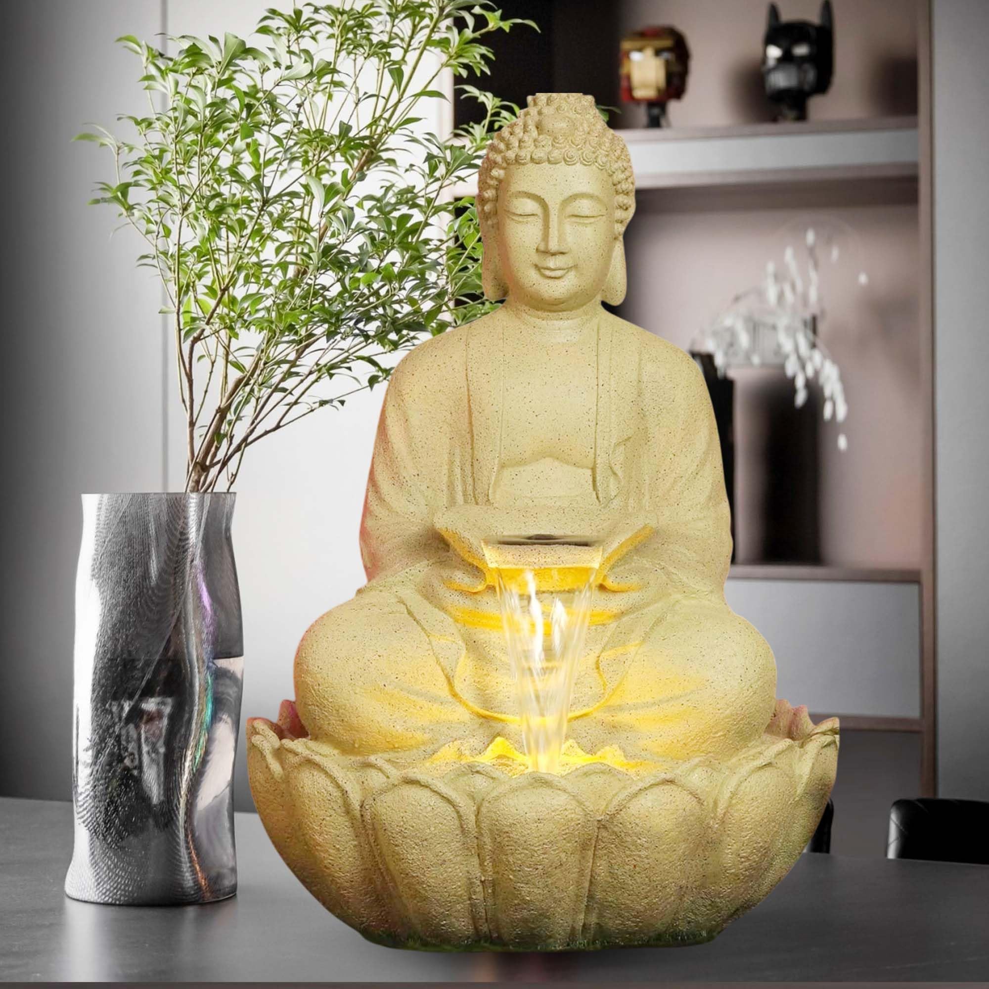 Swadeshi Decors Kamal Buddha Water Fountain Big Size|3 Feet Kamal Buddha Fountain with LED Lighting for Outdoor|Water Fountain for Home & Garden (Beige, 3 Feet),Resin - Image 3 thumbnail
