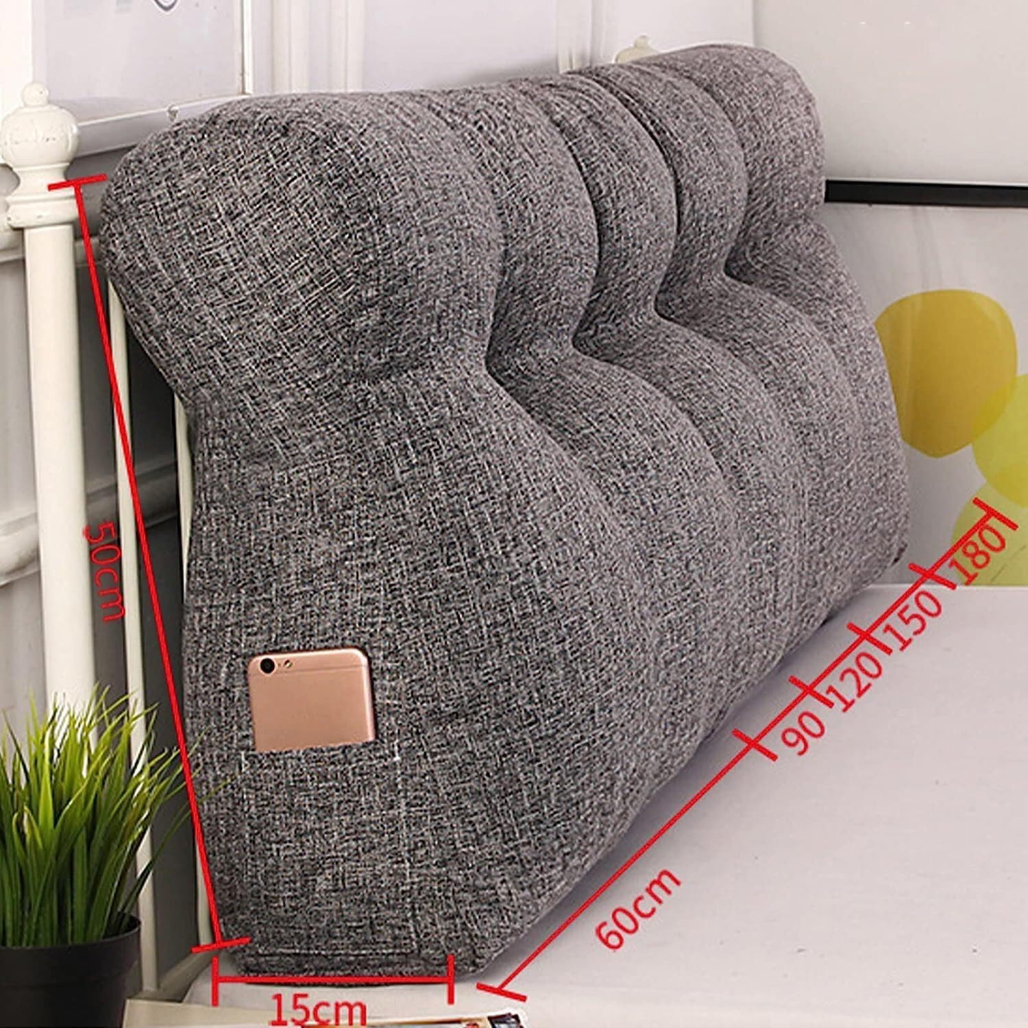 Almohada triangular con funda de forro polar, cojín de apoyo grande para leer y relajarse en la cama, dormitorio, sofá cama, cojín de posicionamiento, gris claro, 150 x 50 x 15 cm