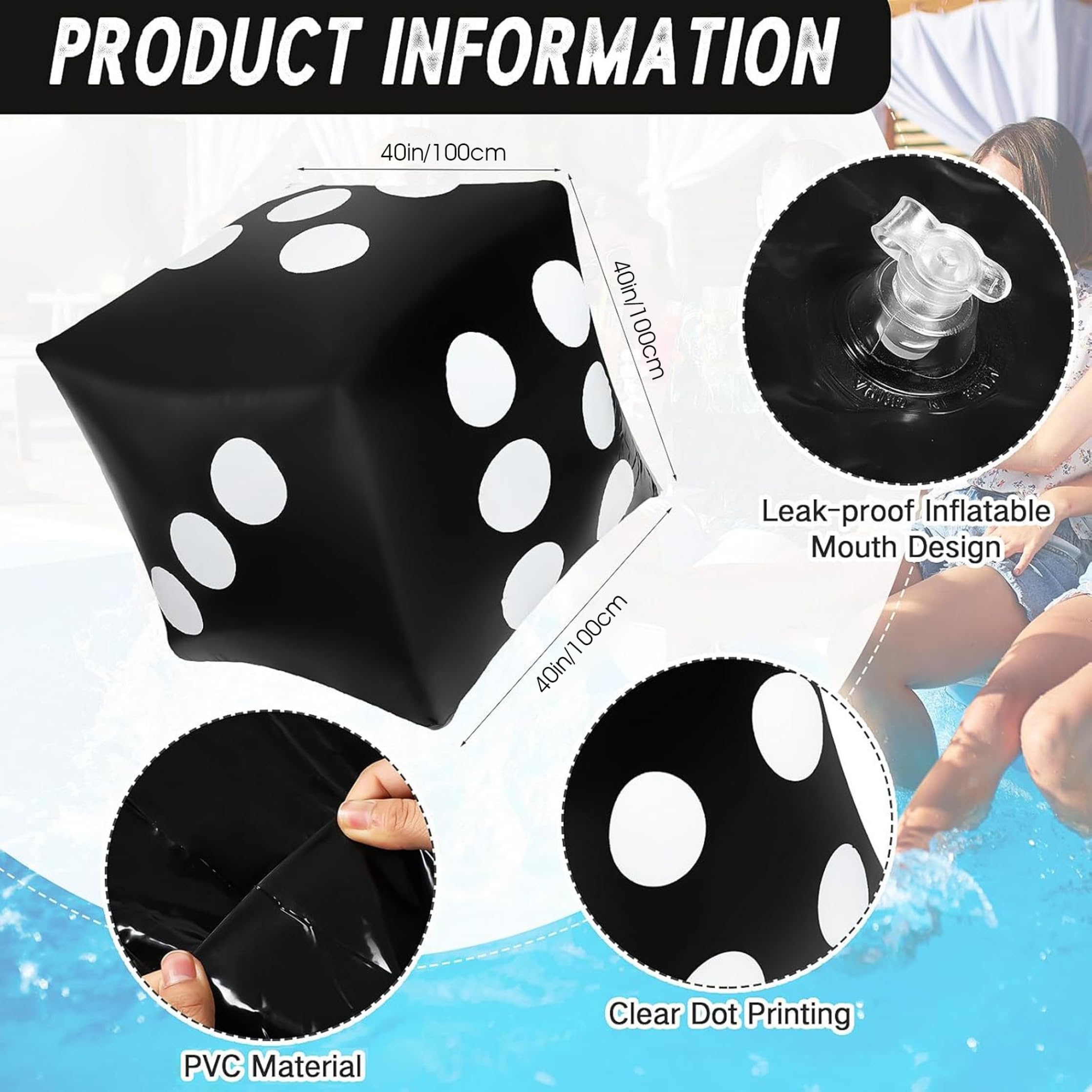 Dadi Gonfiabili Giganti da 40 Pollici, Dadi Jumbo da Giardino a Prova di Perdite in PVC per Gioco da Tavolo per Feste in Piscina per Prato all'aperto per Interni, Nero