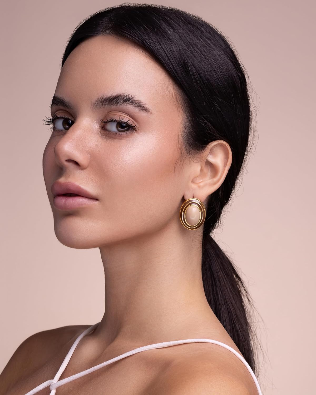 Large Chunky Brown Beige Tan 18K gold plated Round Oval Button Stud Enamel Statement Earrings for Women by SNGIA, Big Brown Bold Handmade Exaggerated Dome Retro Rounded Button Ball Trendy Bohemian Jewelry Gifts, Unique Baroque Vintage Summer Beach Fashion Earrings Accessories, Round Thick Resin Circular Nickle Free Huggies Earrings. - Image 2