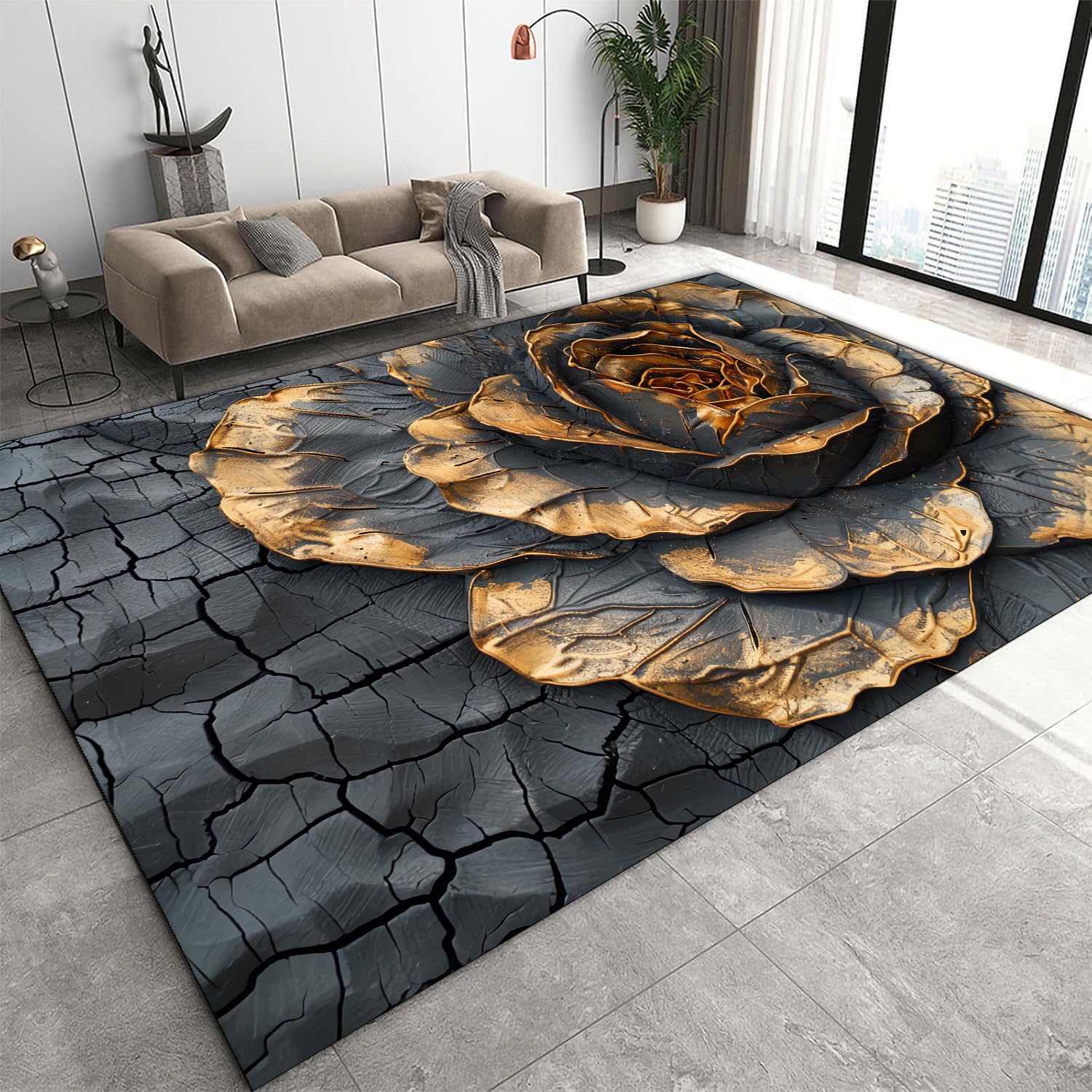 PDENZG Gold Flower Rug,180x300cm,3D Print Bedroom Rugs, Washable Rugs Living Room,Dark Black Golden Rose Large Area Rug,Black and Gold Flower Carpet，for Entrance Office Dining Room Hotel Lobby