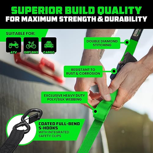 Miniatura 3 de Rhino USA - Correas de trinquete de amarre (4), 1 pulgada x 15 pies (resistencia 1823), con ganchos en S de seguridad, alta calidad para camiones