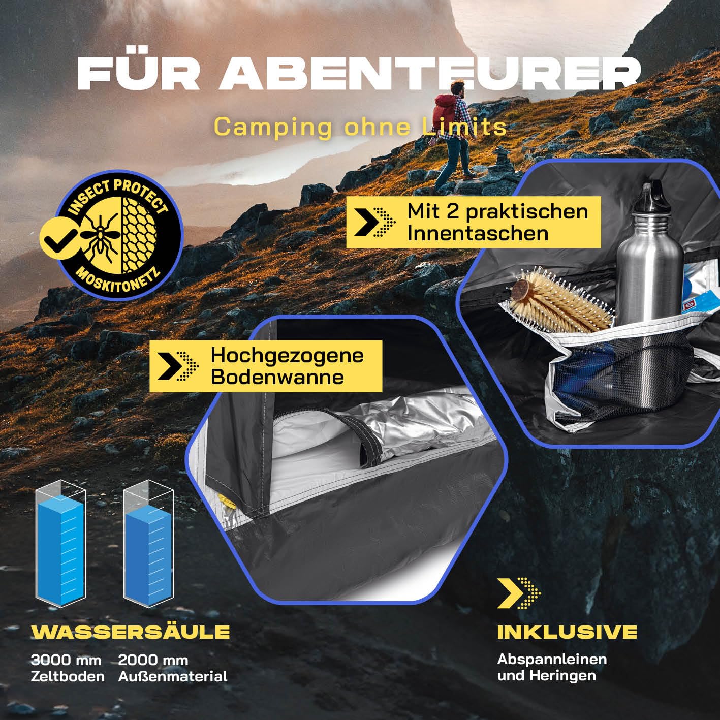 Where Tomorrow Pop Up Zelt | 4 Personen Zelt oder 5-6 Personen Zelt mit Kühl- & Verdunklungseffekt | Wetterfestes Camping Zelt Regen, Schnee, Wind | mit hoher Bodenwanne, Moskitonetz, Dachlüftung