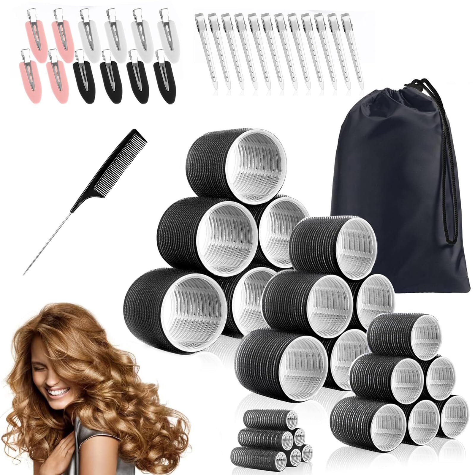 50PCS Hair Rollers Set including Clips, Hair Curlers Hook & Loop Rollers with 4 Sizes (60/48/36/25mm)