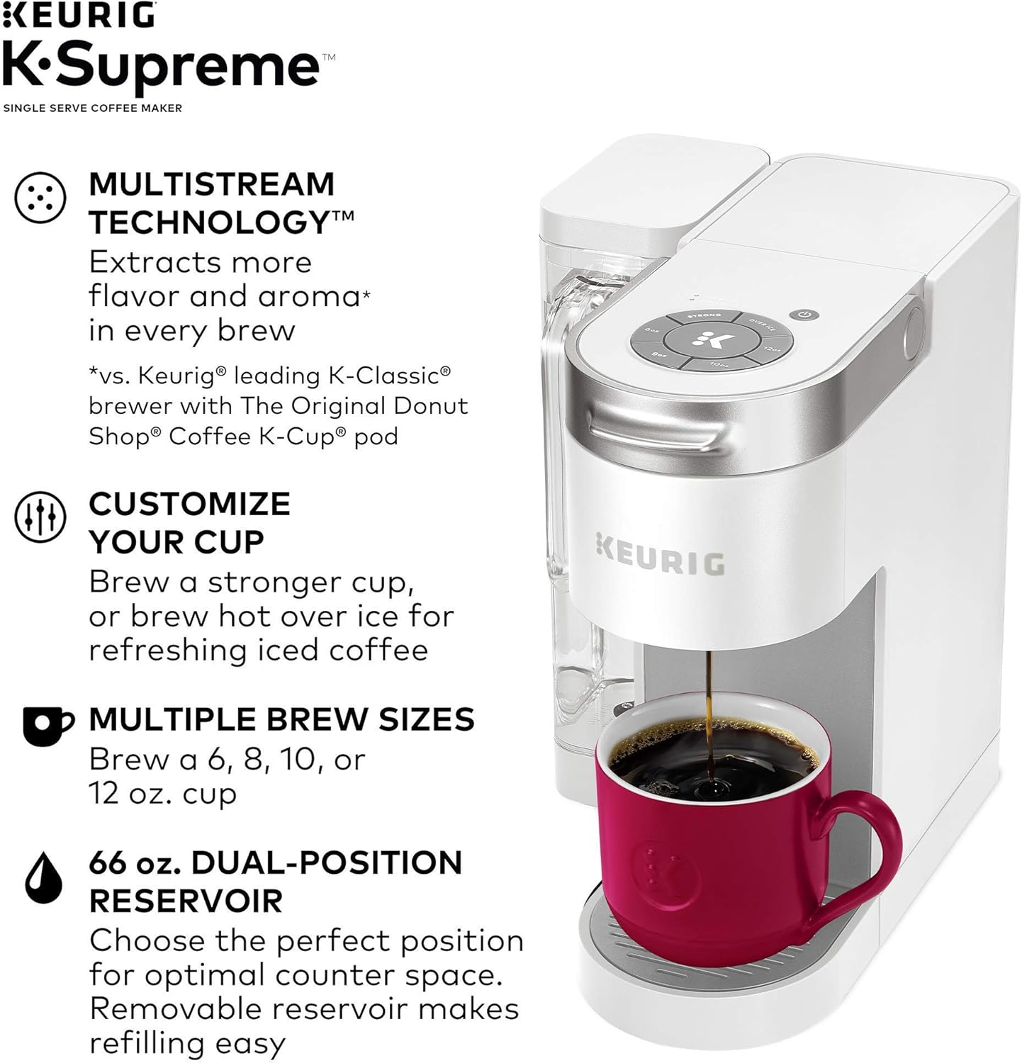 Keurig K-Supreme Coffee Maker, Single Serve K-Cup Pod Coffee Brewer, With MultiStream Technology, 66 oz Dual-Position Reservoir, and Customizable Settings, White (Renewed)