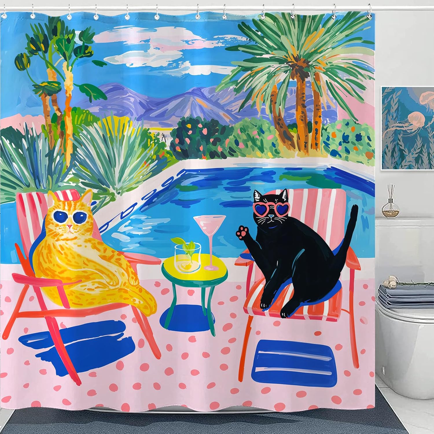 Poolside Cats Shower Curtain Set Relaxing Evening Scene Waterproof Bathroom Shower Curtain Tropical Drink Print Leisure Home Decor 72x72 Inch