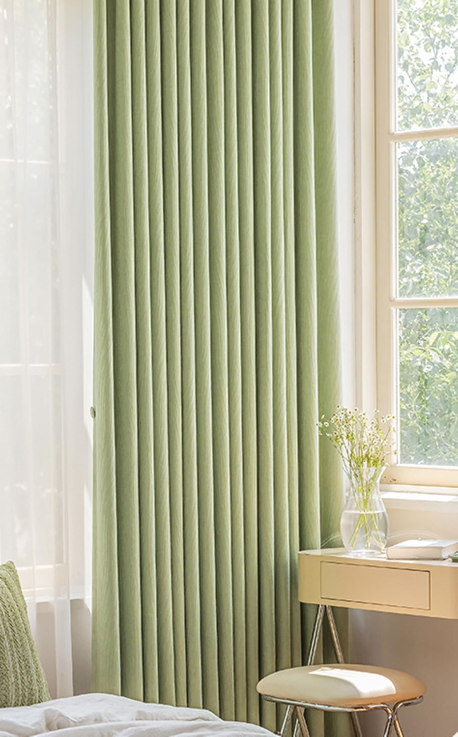 Rideaux opaques 107 x 244 cm isolants à poche de tige tissu épais feuilles de matcha uni
