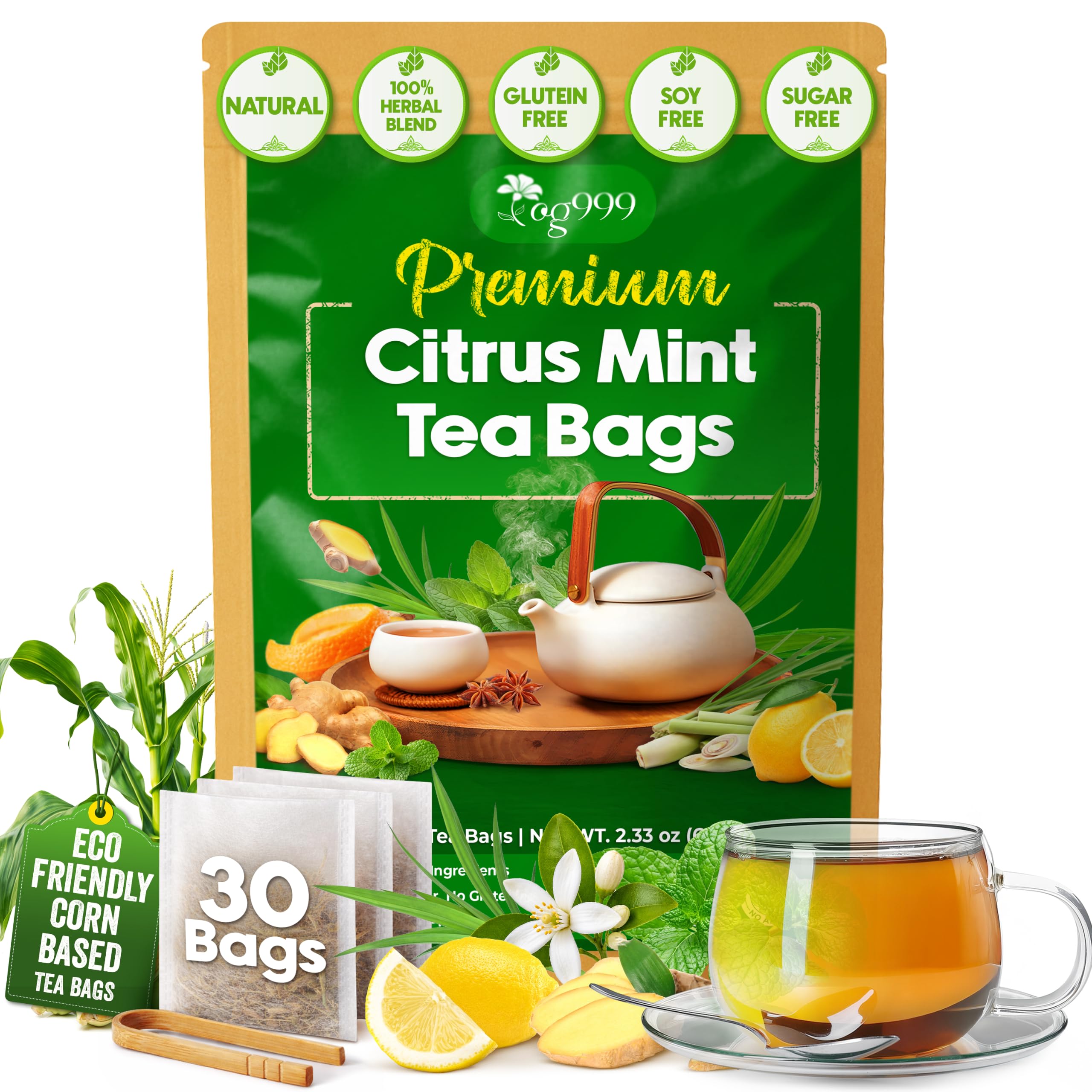 TOG999 Citrus Mint Tea Bags, Caffeine-Free Herbal Tea, Gluten-Free, 30 Ct Citrus Mint 30 Bags