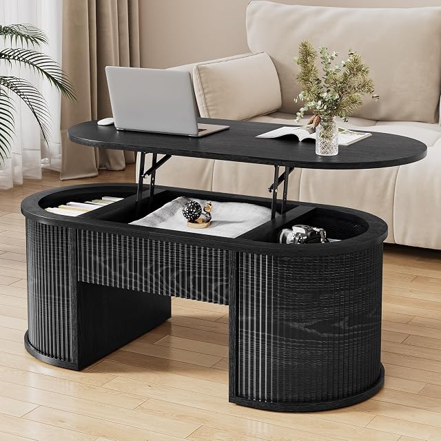 Fluted Lift Top Coffee Table with Storage Oval Living Room Center Table with Hidden Compartment Modern Mid-Century Wood