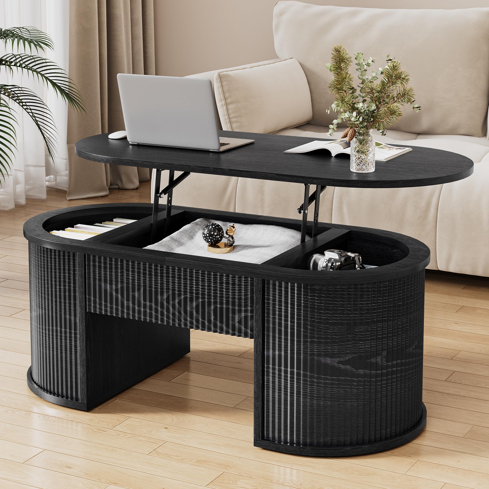 Fluted Lift Top Coffee Table with Storage Oval Living Room Center Table with Hidden Compartment Modern Mid-Century Wood