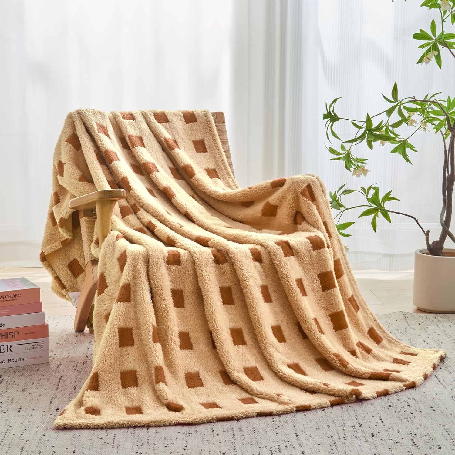 FY FIBER HOUSE Checkered Fluffy Blanket 340GSM - 3D Grid Pattern Soft Fuzzy Throw for Bed Couch Sofa, 90"x108", Hot Pink