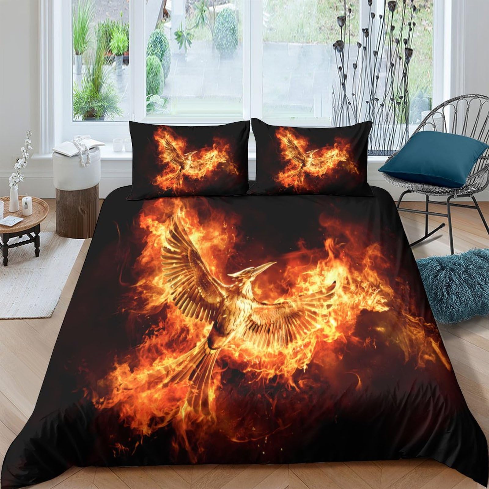 GPLZQXKJNH 3D Printed Fiery Phoenix Duvet Cover Microfiber Soft Breathable Flaming Bird Bedding Set with 2 Pillowcases for Bedroom Decor Single（135x200cm）