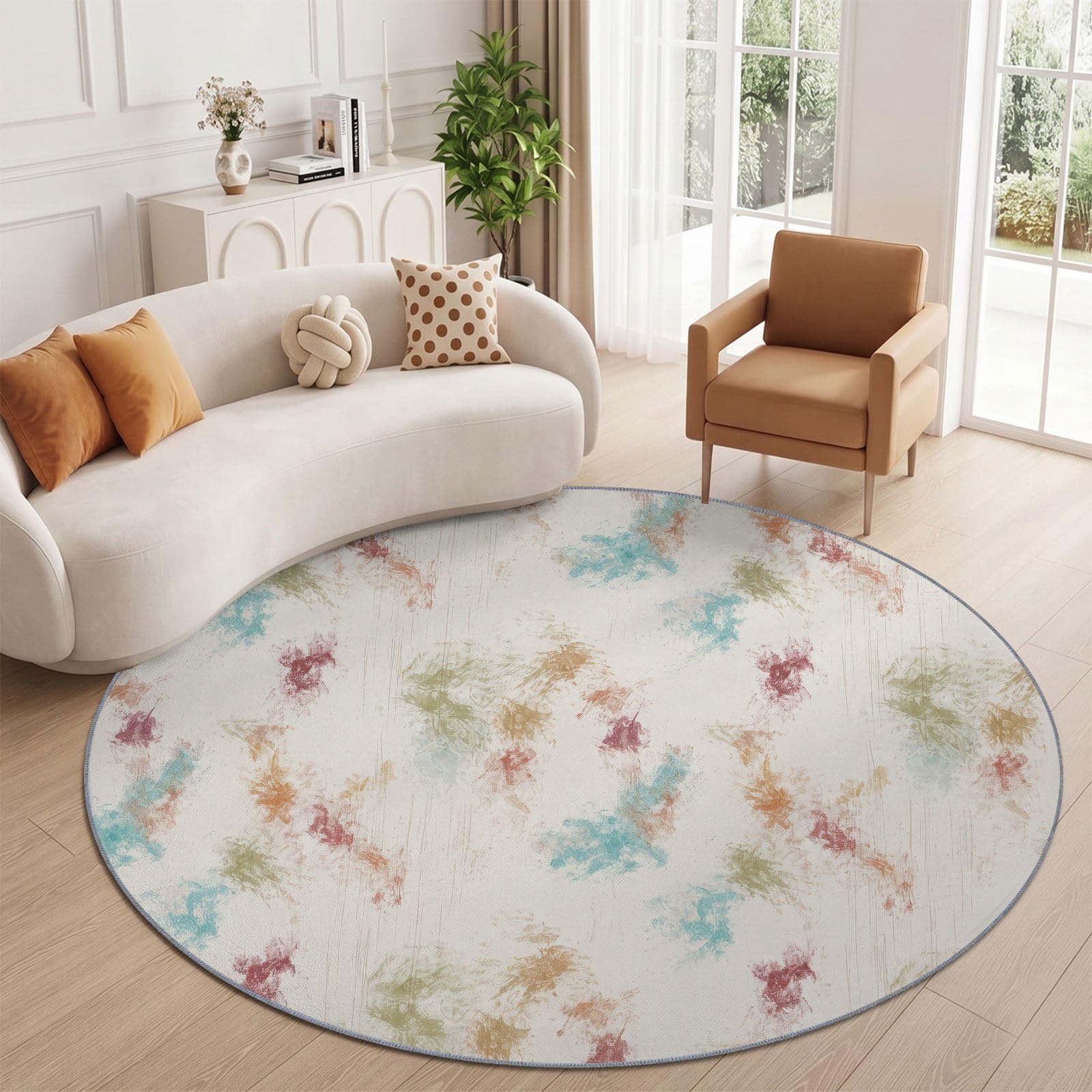 Tapis Rond Abstrait Moderne 120 cm, Éclaboussure Géométrique Lavable en Machine pour Salon, Multicolore Antidérapant, Poil Court Tapis Rond Imprimé pour Chambre d’Enfant Nurserie
