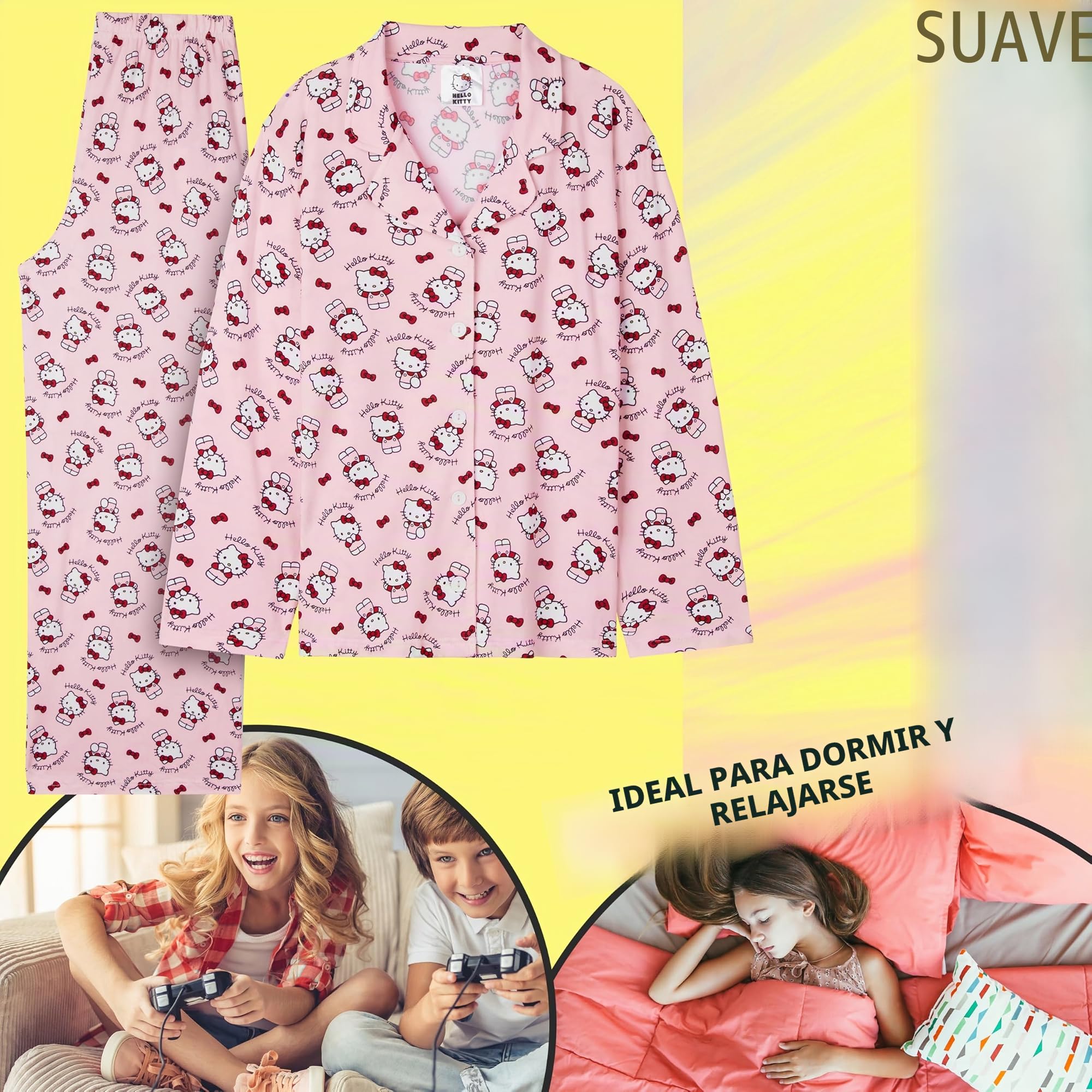 Hello Kitty Sanrio Pijama Invierno Niña y Adolescente 2 Piezas, Ropa de Dormir Kuromi con Camiseta Botones y Pantalón Largo