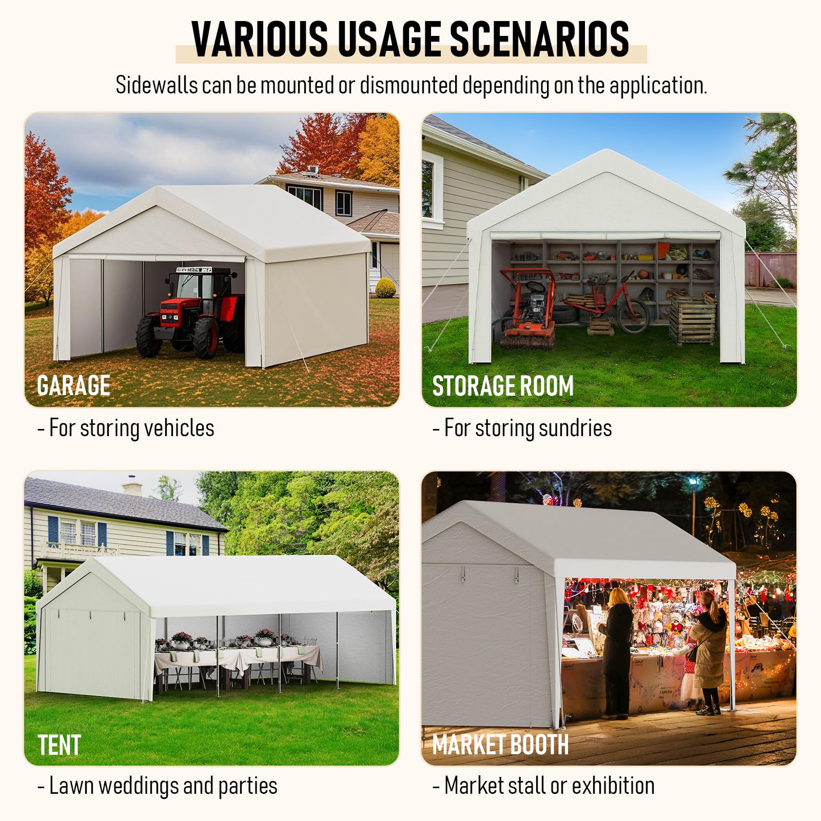 Carport Tenda Garage 3 x 6 m – Tenda da garage impermeabile con pareti laterali rimovibili – Resistente ai raggi UV – Rifugio invernale per auto, SUV, camion, barca, tenda da giardino, garage, bianco