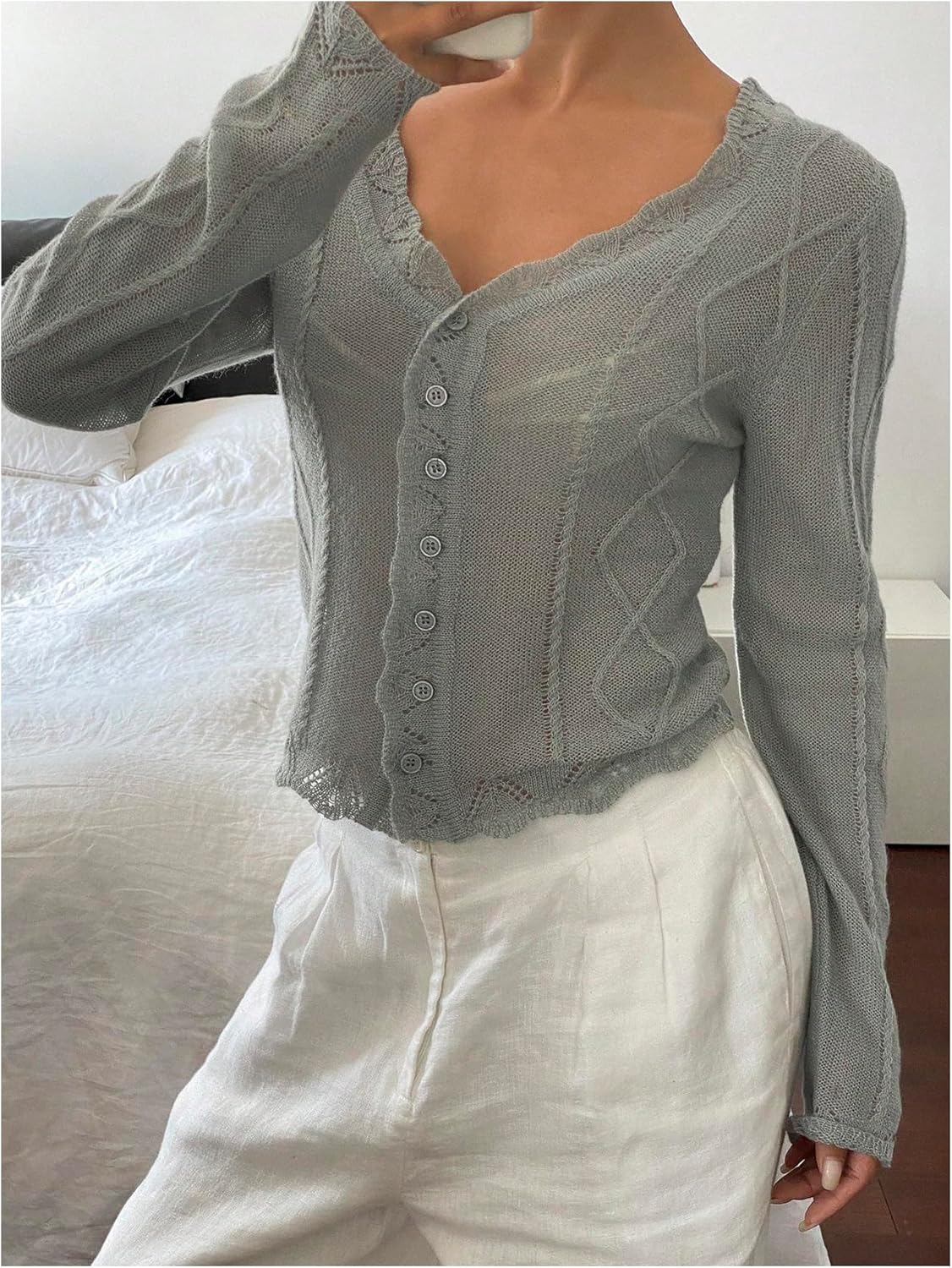 Women's Cardigans Lightweight Sheer Button Down Cardigan Trim Frills Sweaters V Neck Long Sleeve Shrug - Image 3