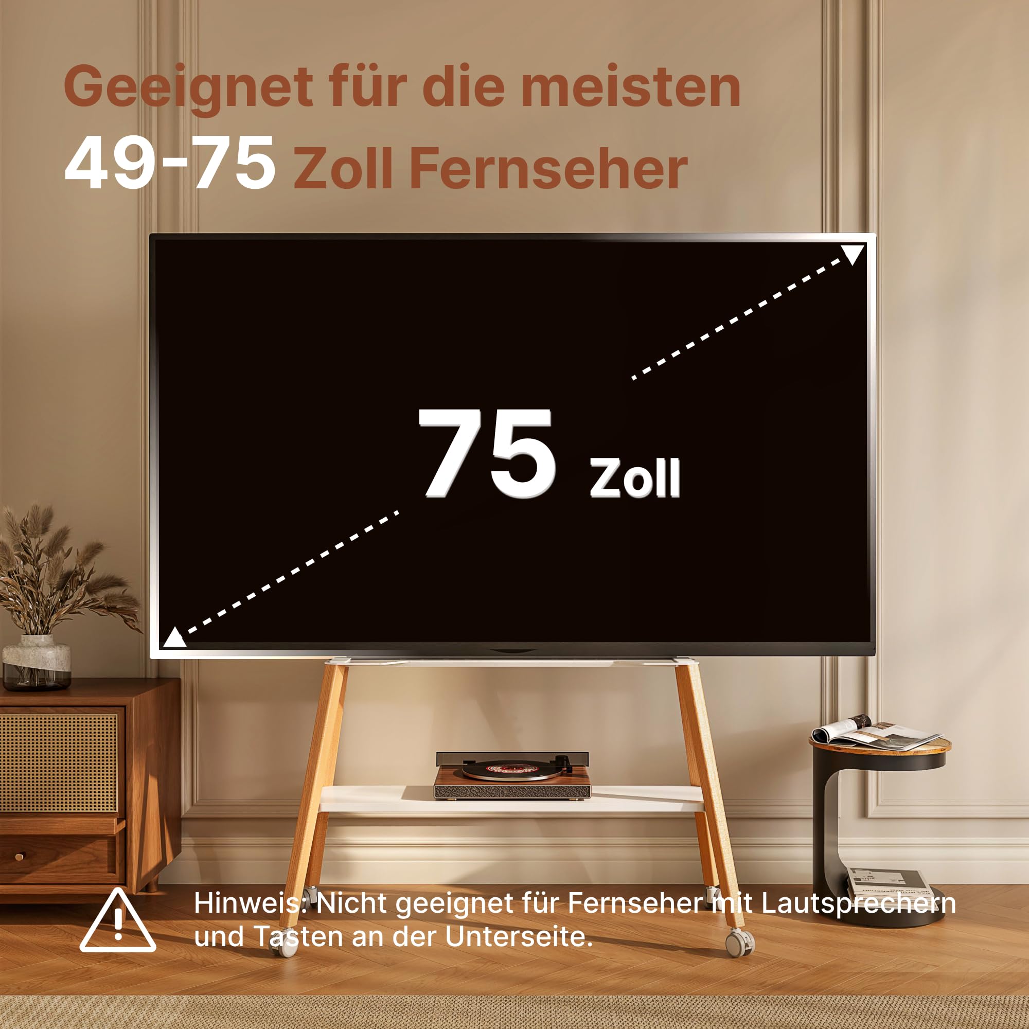 TV Ständer mit Rollen für 49 bis 75 Zoll TV bis zu 40 kg, Easel Design mit Metallstruktur und Holzablage, Beweglicher TV Ständer auf Rädern für Geschäft, Büro, Schule, Haus