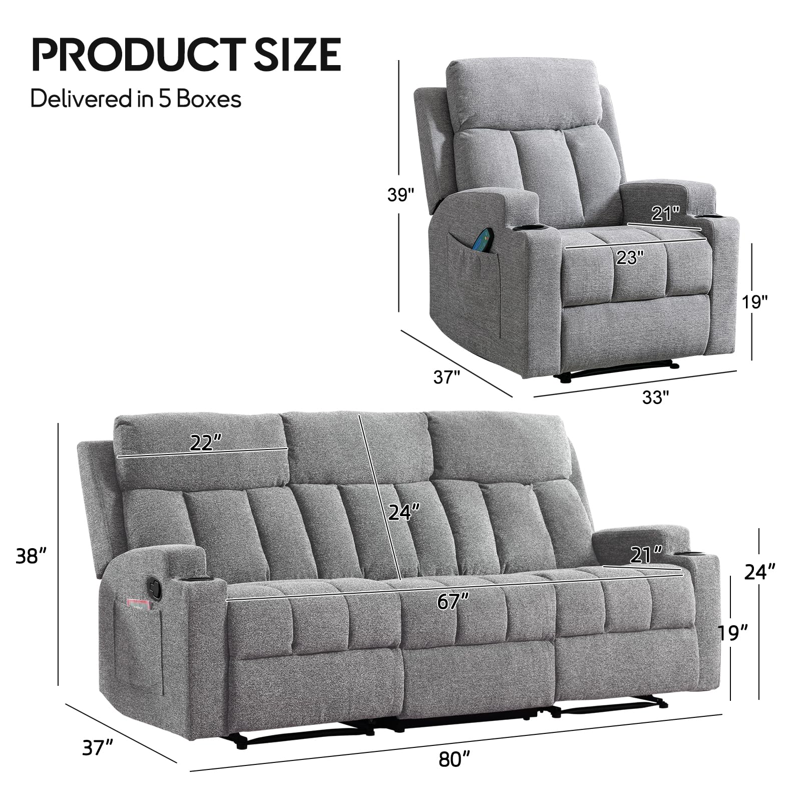 CANMOV Manual Recliner Sofa Set, Fabric Recliner Living Room Furniture Sets, 1 Seat Reclining Chair and a 3 Seate Sofa Furniture Set with Side Pockets and Cup Holders, Light Grey view 2