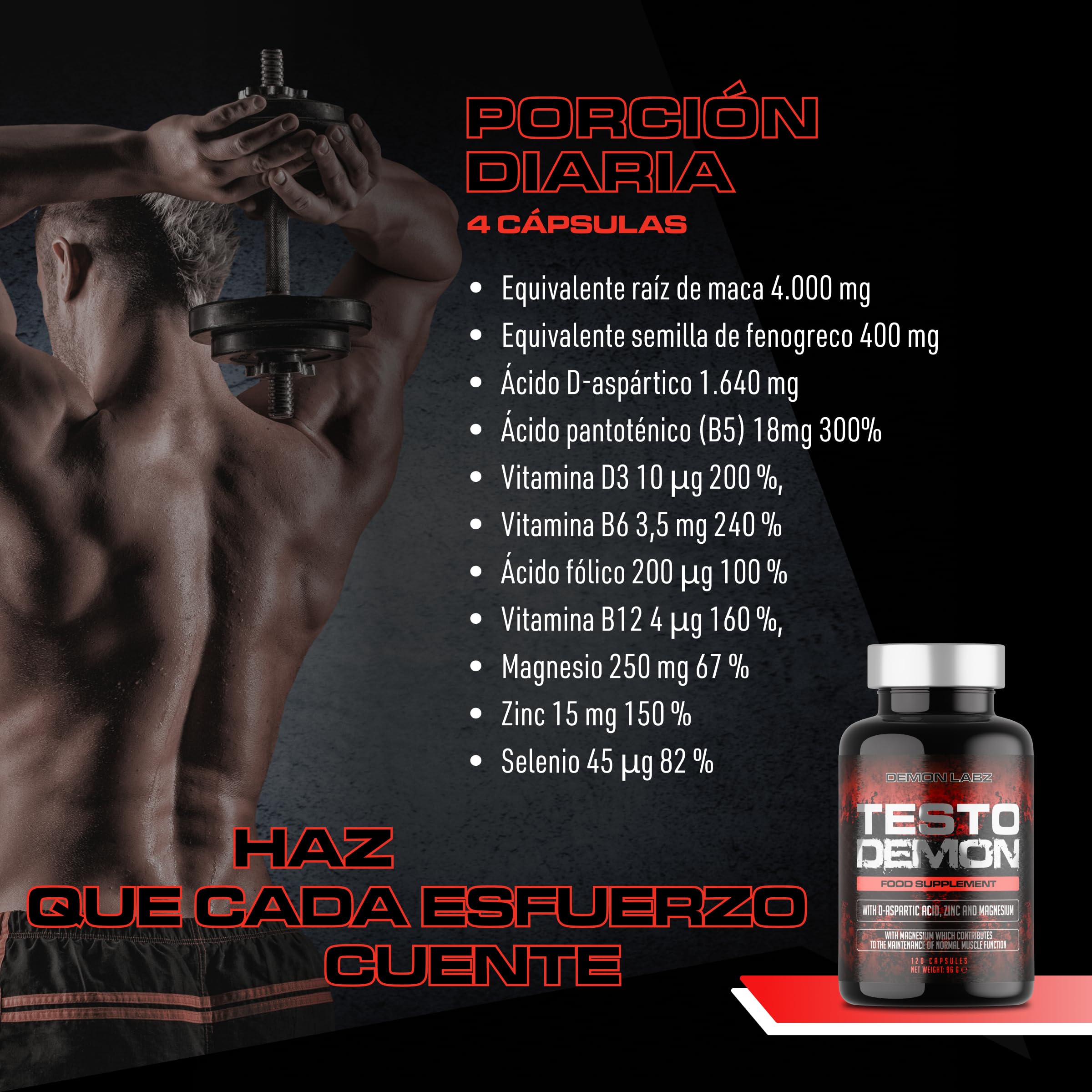 Testo Demon – Complejo de Zinc y Aminoácidos para hombres con Maca, Vitaminas B y Extractos Botánicos – 120 Cápsulas (30 Porciones)