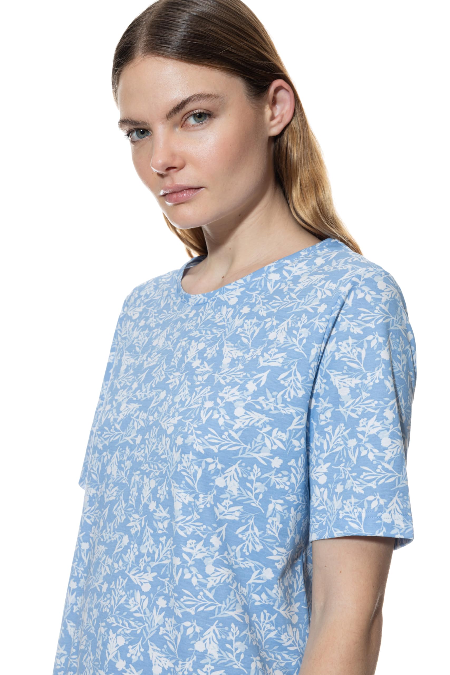 Mey Damen Nachthemd: Legerer Schnitt, Kurzarm, Rundhalsausschnitt, Floraler Print, Knielang, Blue Silk, Serie Flower Meadow