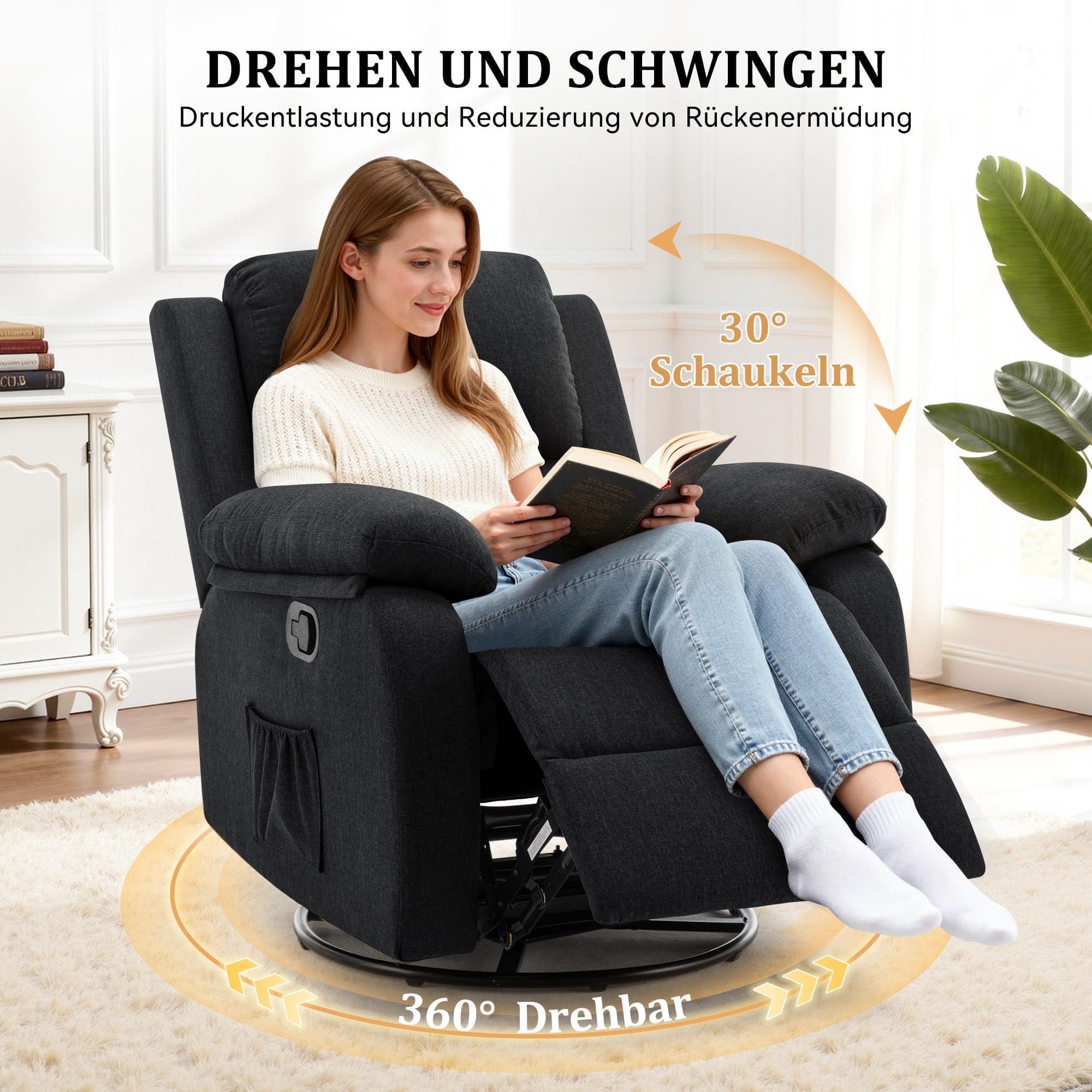Korser Relaxsessel mit liegefunktion, 360° Drehbarer Massagesessel mit Wärmefunktion & Schaukelfunktion, Kompakter Manuell Verstellbarer Liegesessel, Gepolsterter Fernsehsessel für Wohnzimmer