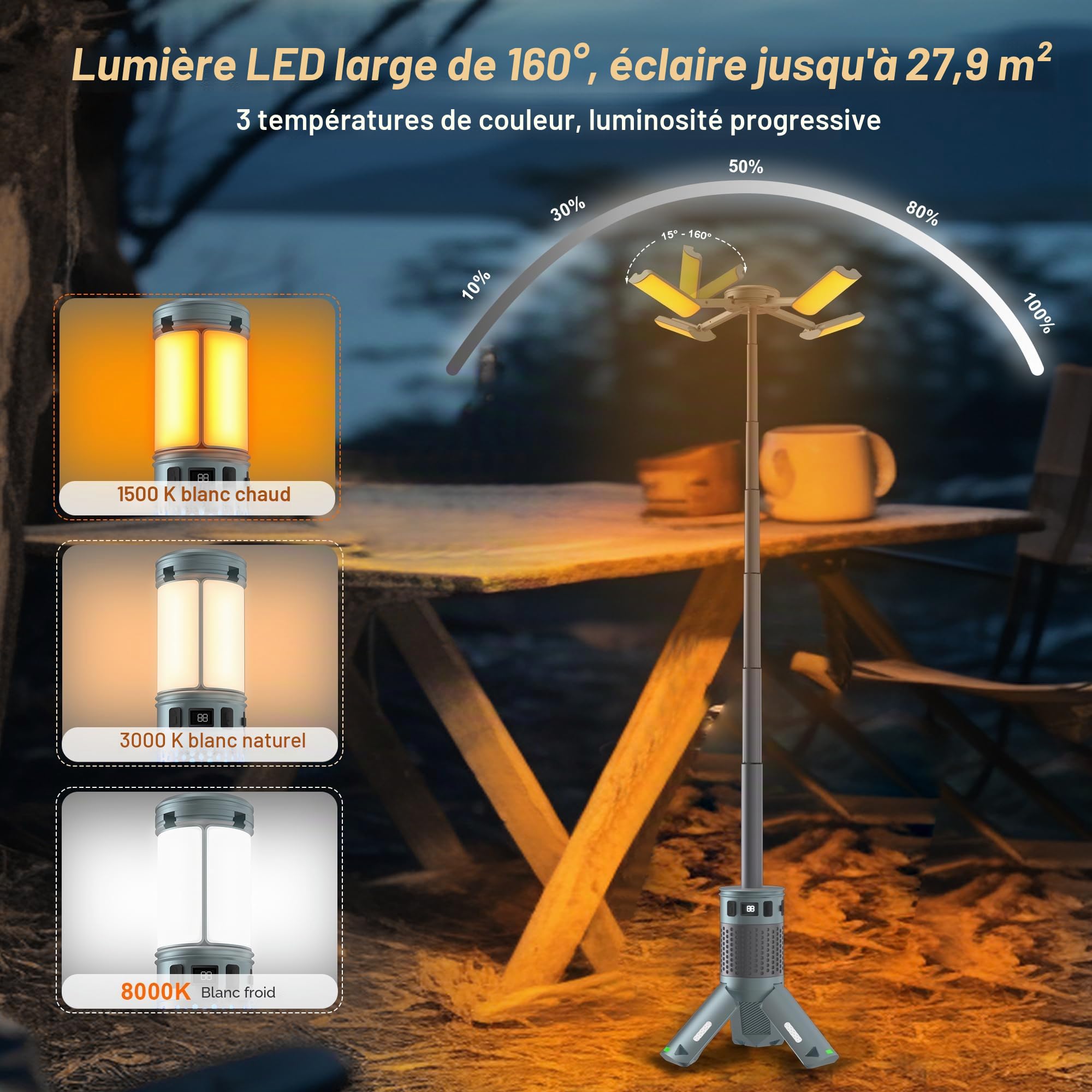 Lampes de camping, lampes de camping télescopiques rechargeables avec support, 12 000 mAh, lanternes de camping et lumières avec RVB, base magnétique, lampes de poche portables pour camping, randonnée