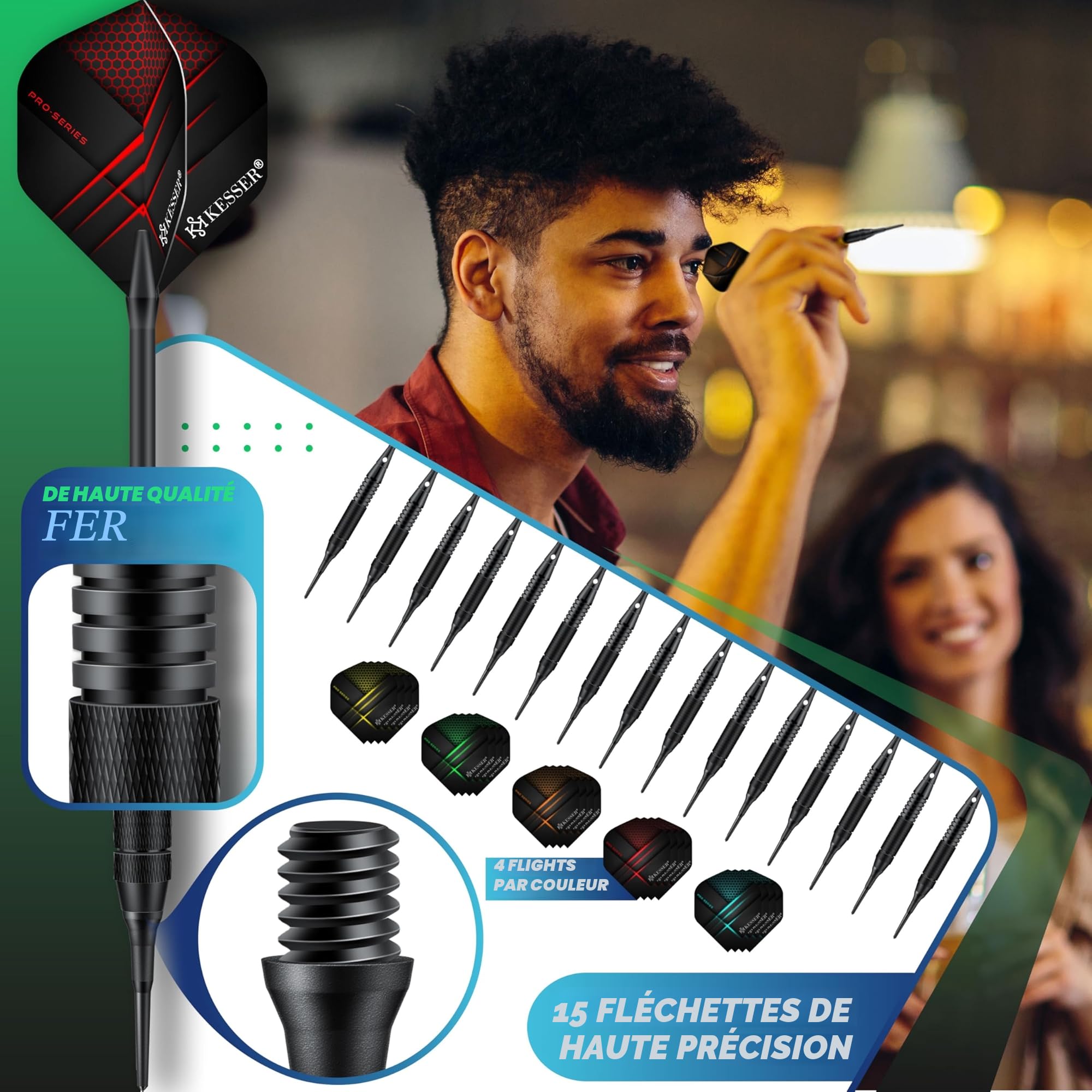 KESSER® Cible de fléchettes électronique professionnelle – Cible de fléchettes E avec 15 fléchettes + 35 ailettes Pro 100 pointes + accessoires pour 1 à 8 joueurs