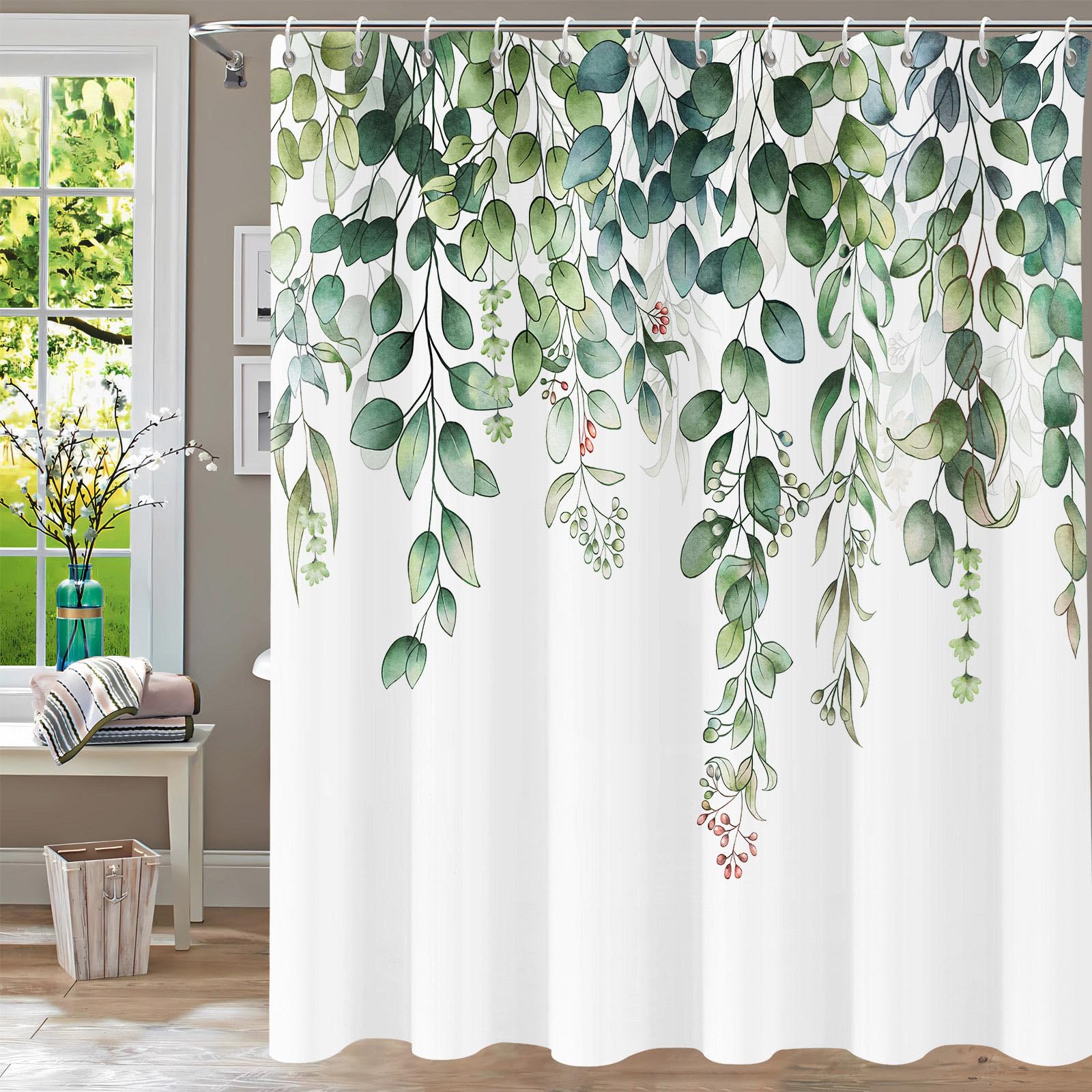 YiarTaan Shower Curtain Green Shower Curtains for Bathroom Watercolor Green Leaf Shower Curtains Plants Waterproof Eucalyptus Shower Curtain Fabric