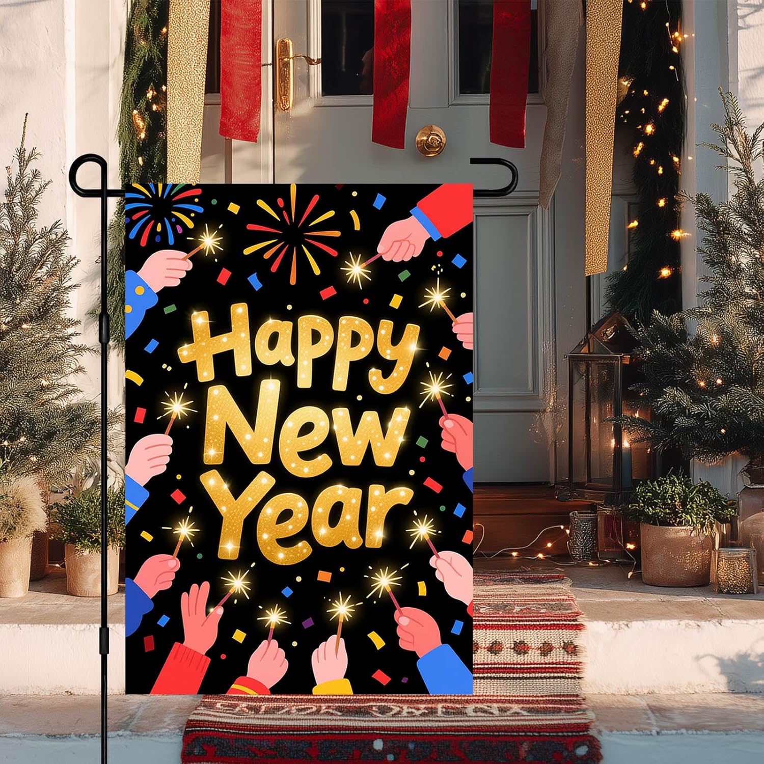 Happy New Year Garden Flag 12x18 Inch Confetti Banner Double Sided Flag Outdoor Yard Decoration with Sparklers for Home Lawn Porch House Seasonal Holiday Garden Flags Outdoor Decor - Image 9