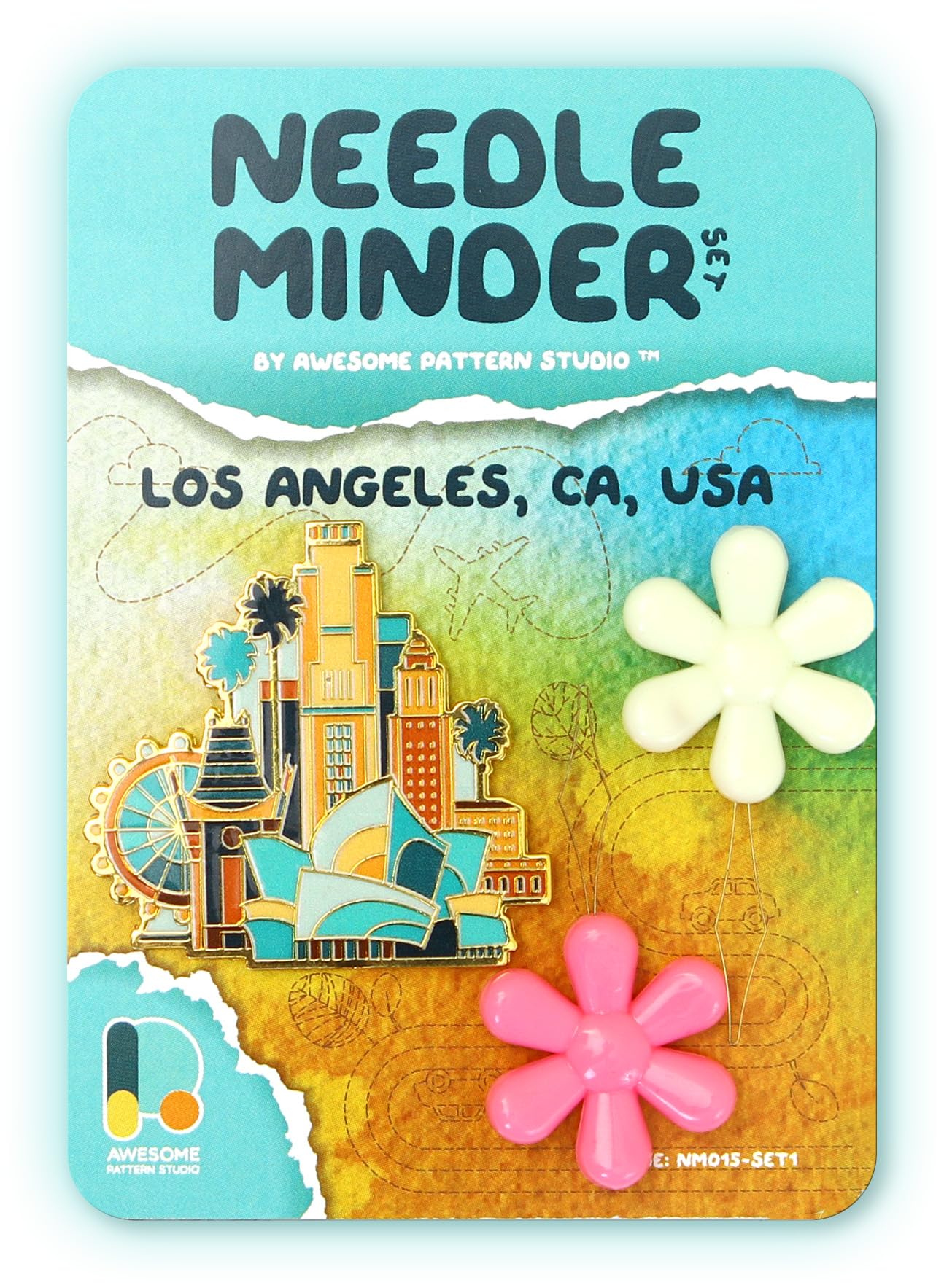 Awesome Pattern Studio Needle Minder Set - Los Angeles Magnetic Needle Minder + 2 Needle Threaders. Enamel Pin for Cross Stitch, Embroidery and Craft