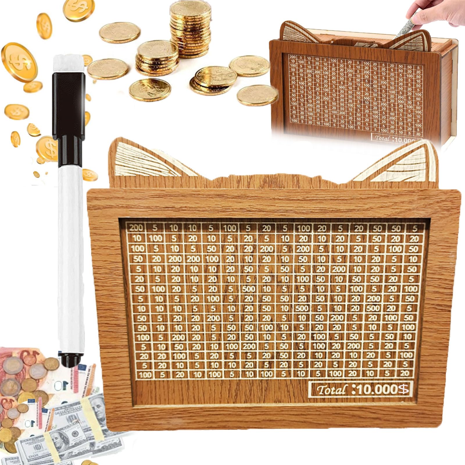 2026 Heavy Duty Wooden Money Box, Cash Vault Wooden Savings Box 10000, The Cash Vault Bank Retro Style with Money Target and Numbers, Saving Money
